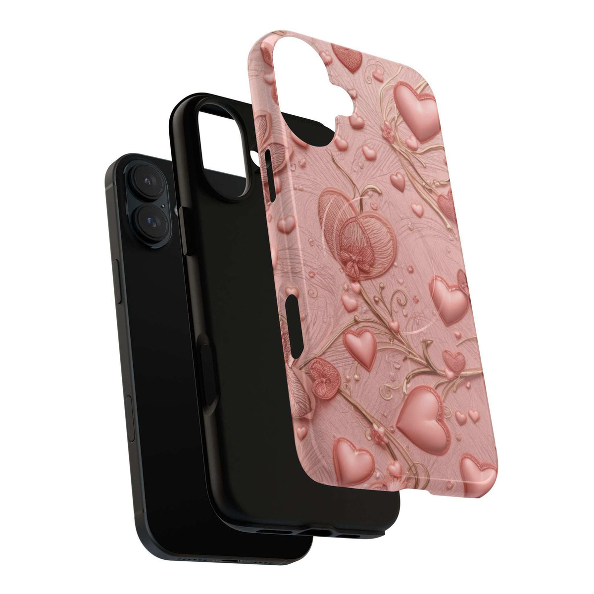 Pink embossed heart phone case with camera and port cutouts
