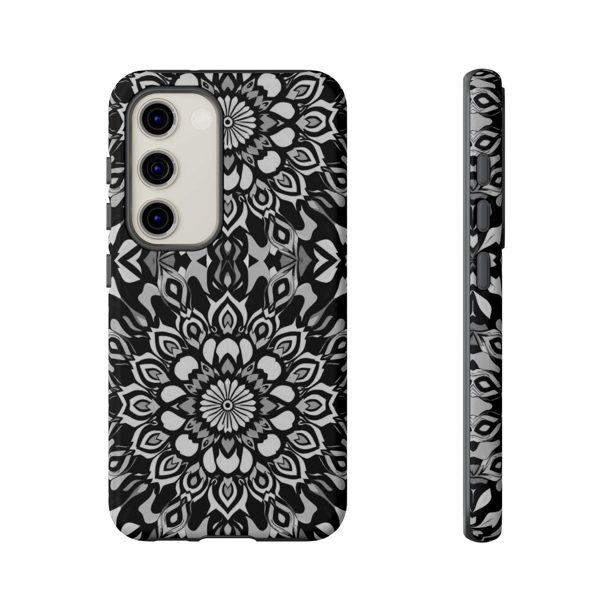 Mandala phone case with black-and-white floral mandala pattern and cutout for 3 cameras