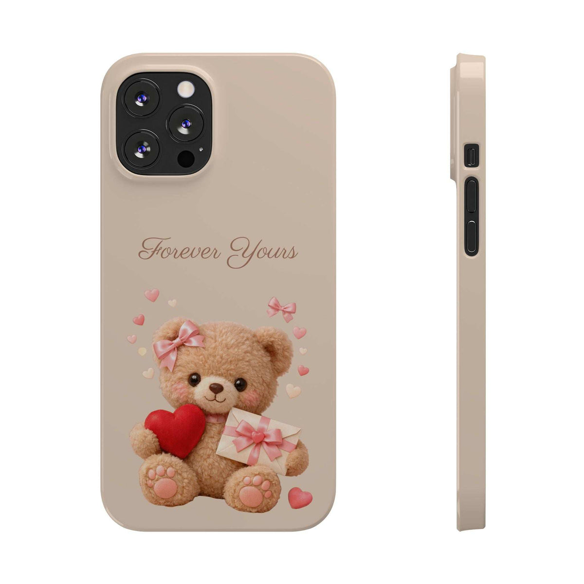 Beige phone case with teddy bear holding a red heart and gift; side cutouts shown.