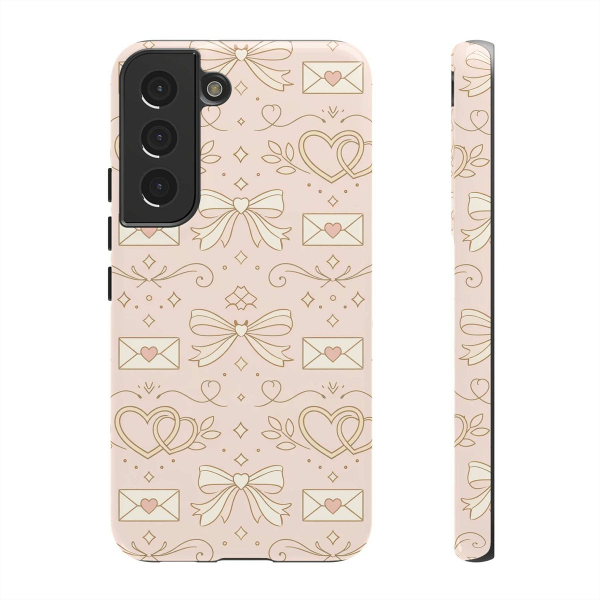 Blush pink tough phone case with hearts and bows; back camera cutouts and side profile.