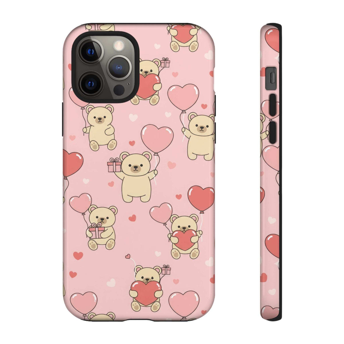 Pink phone case with teddy bear and heart pattern, back cameras and matching side profile