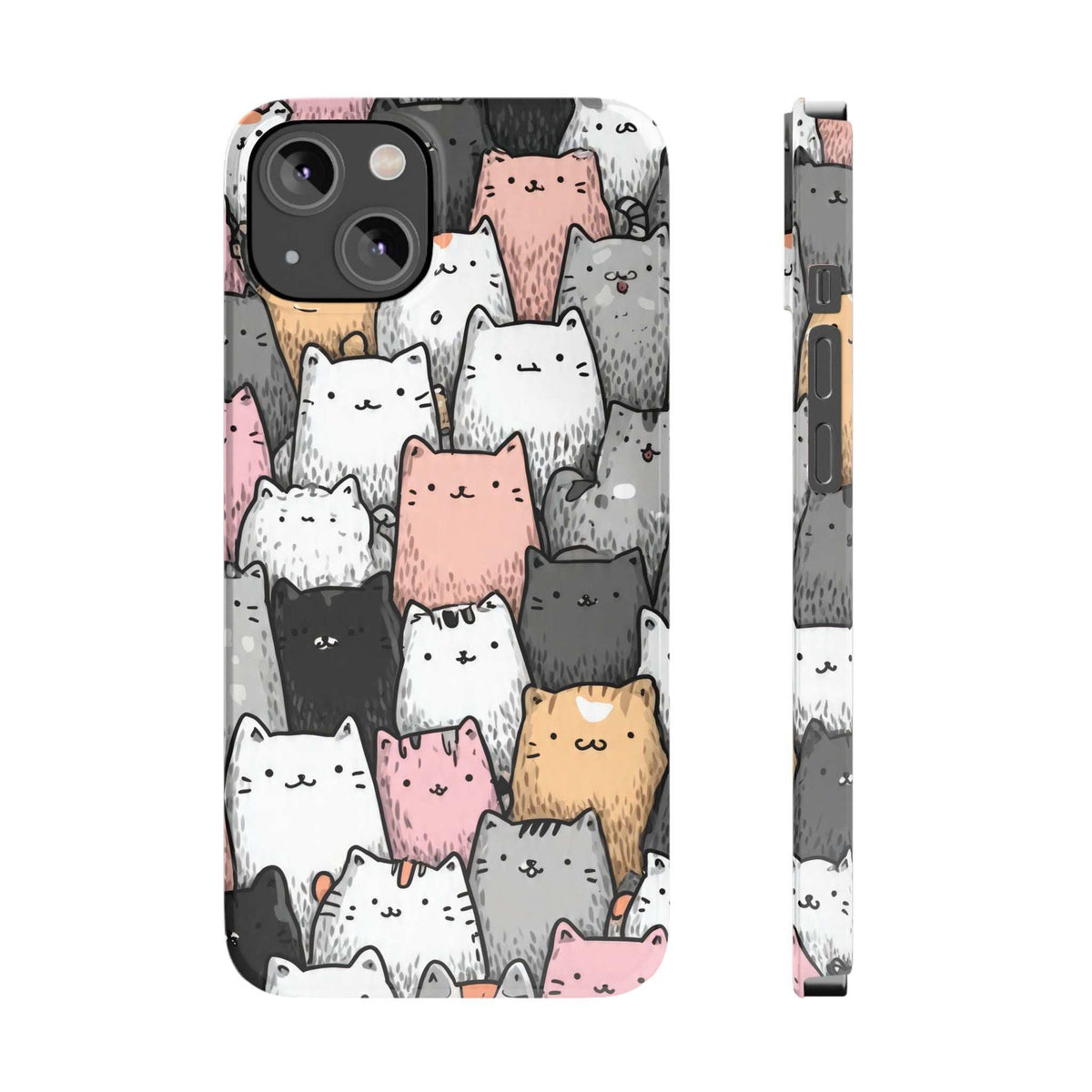 Cat-themed iPhone case featuring smiling cat faces in gray, white, pink, and orange.
