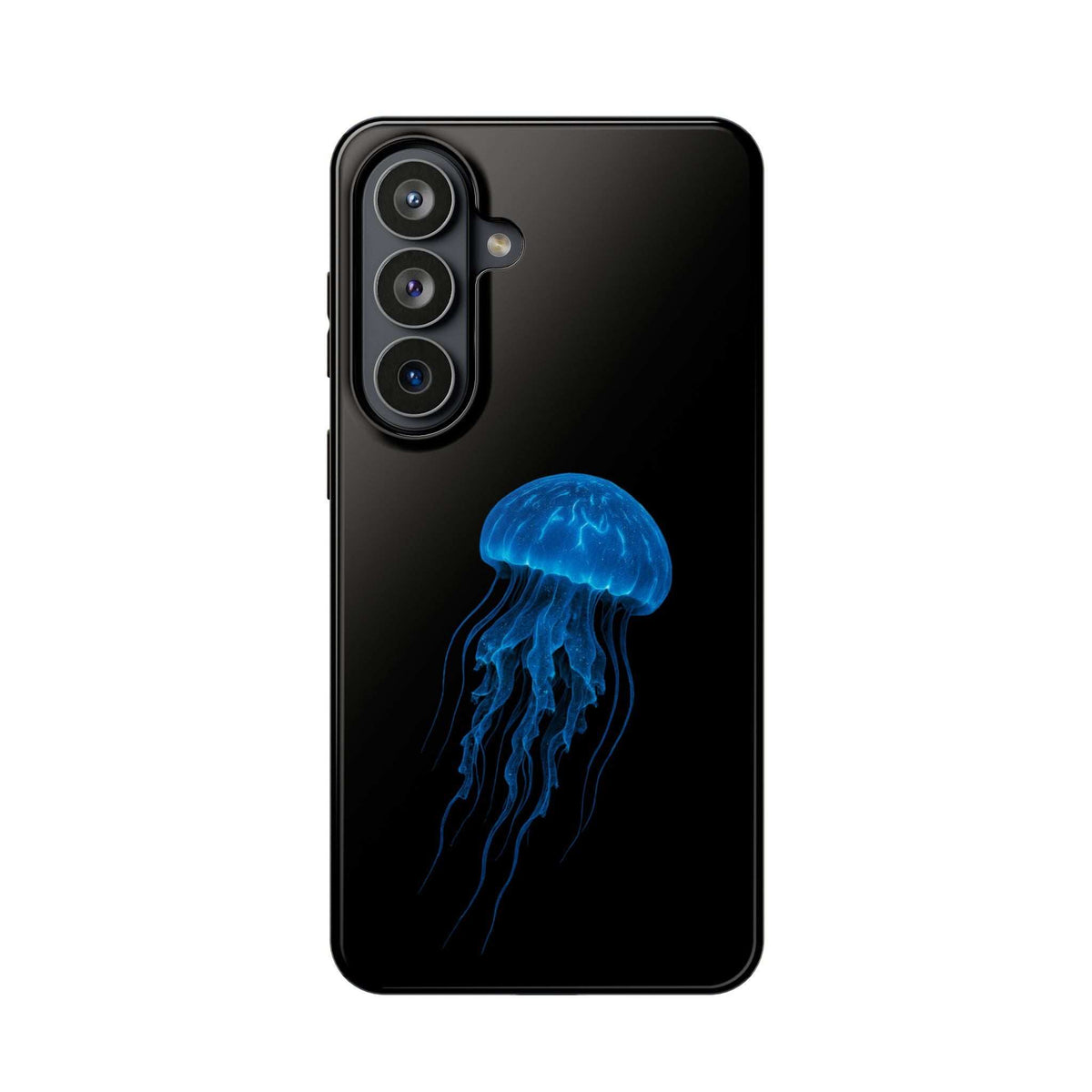 Black phone case with blue jellyfish graphic and raised camera cutouts.