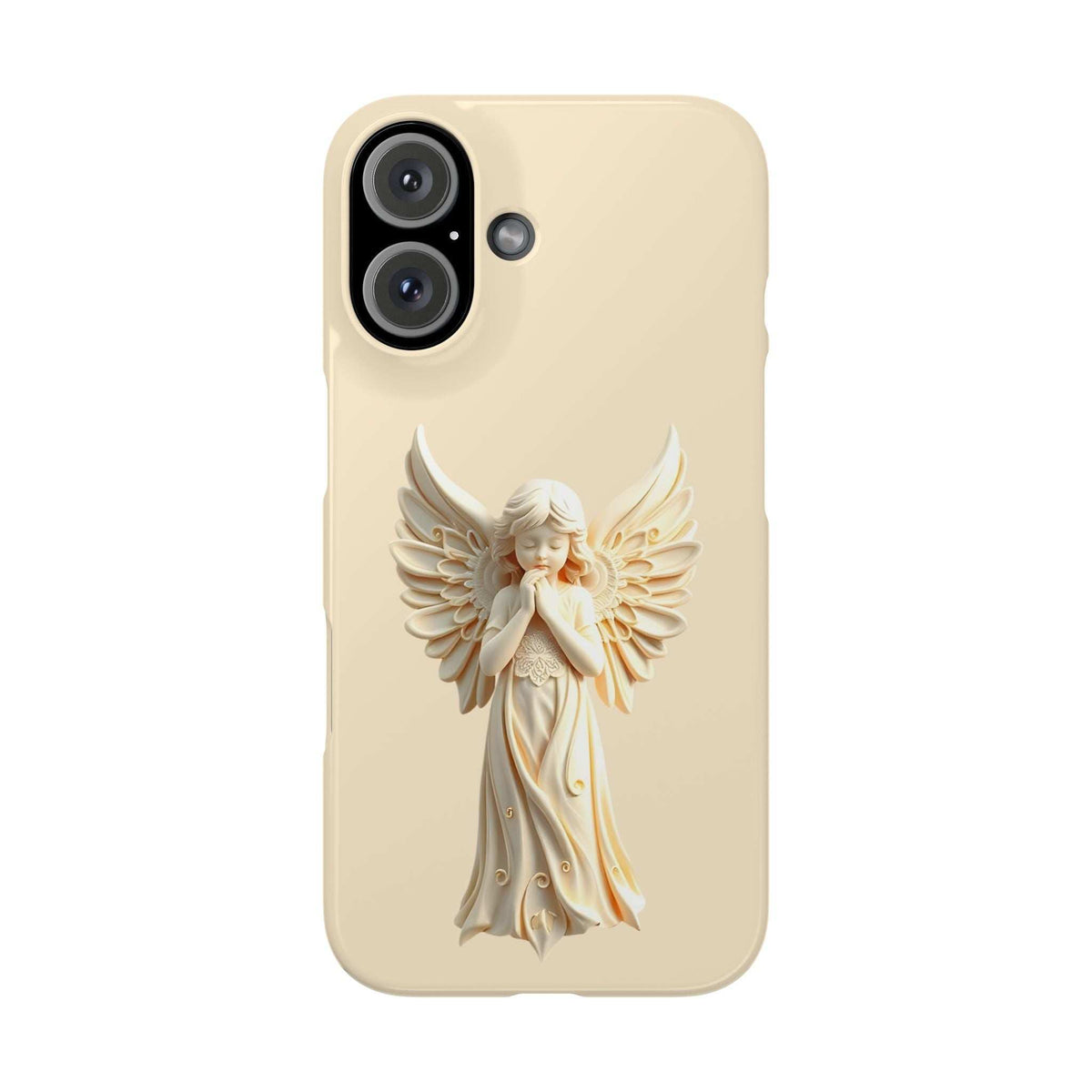 Beige phone case with 3D angel with wings design and raised rear camera cutout