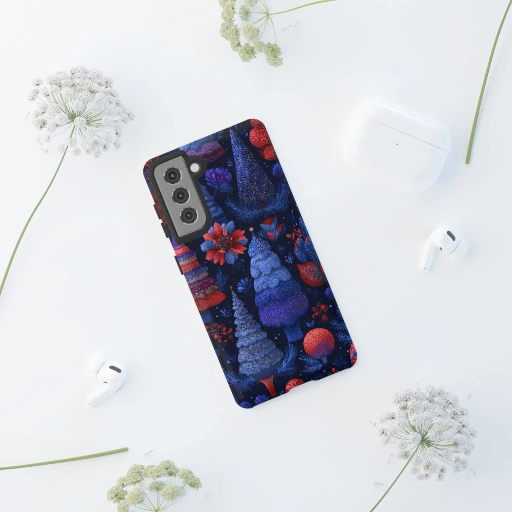Midnight Blue Christmas Forest Phone Case for iPhone 8-17 and Galaxy S21–S25 - KARARMDESIGN
