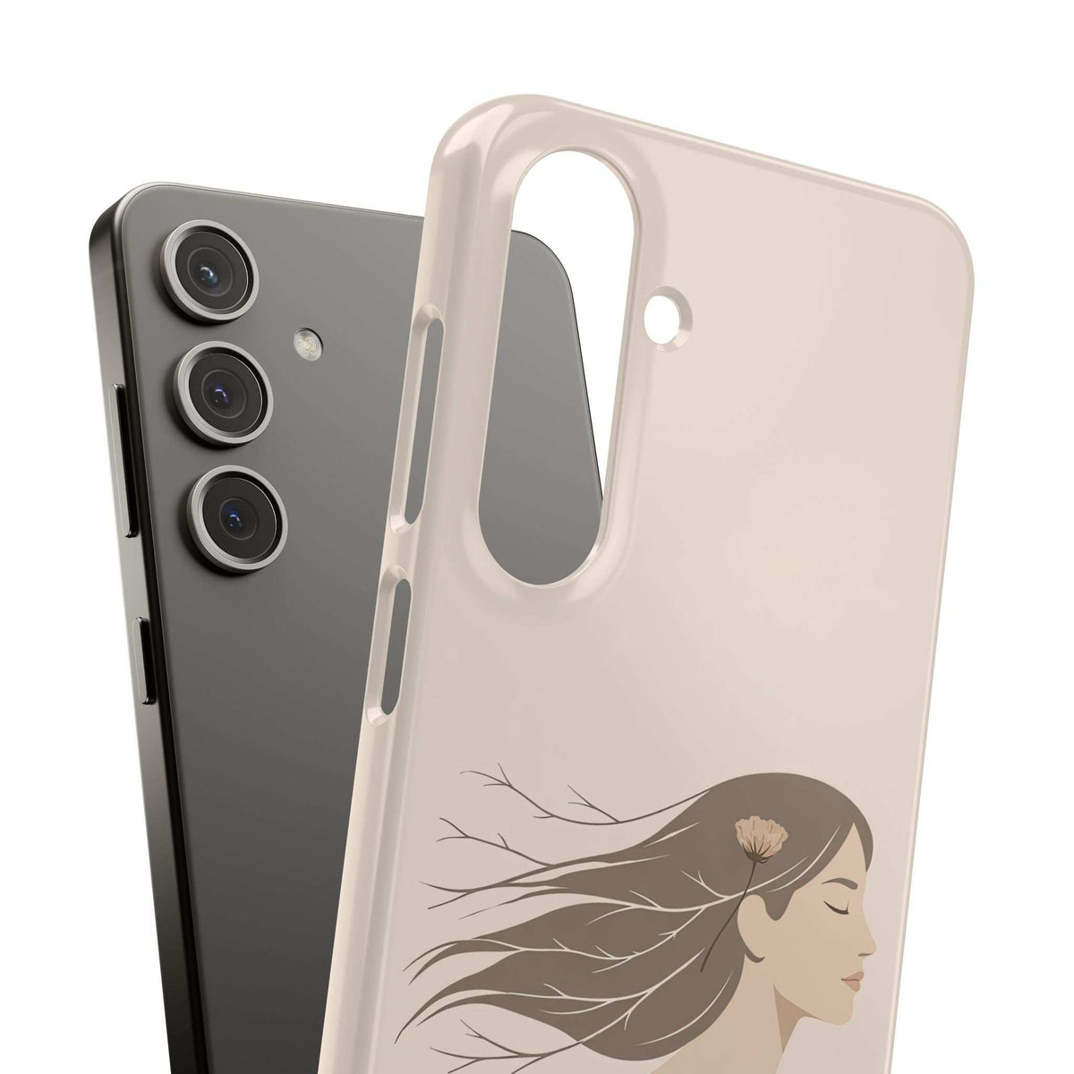 Light tan and dark phone cases with woman line-art, camera cutouts, and port openings