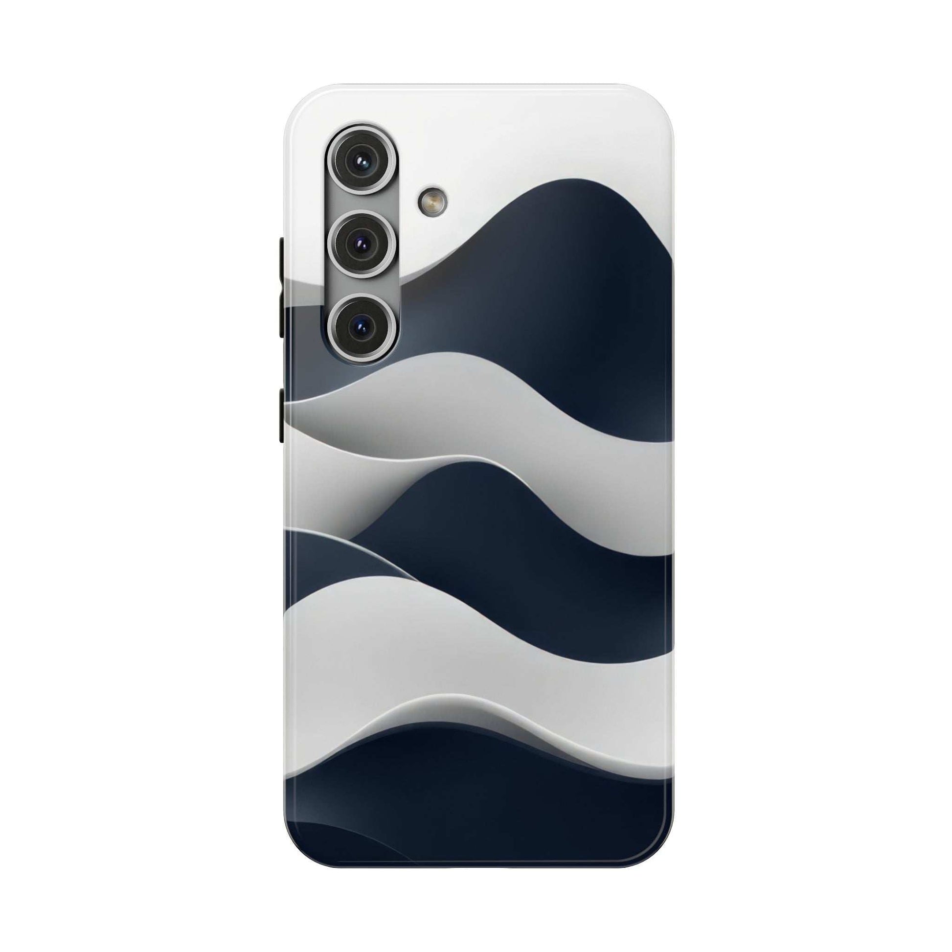 Glossy phone case with navy and white wavy stripes, camera cutout area