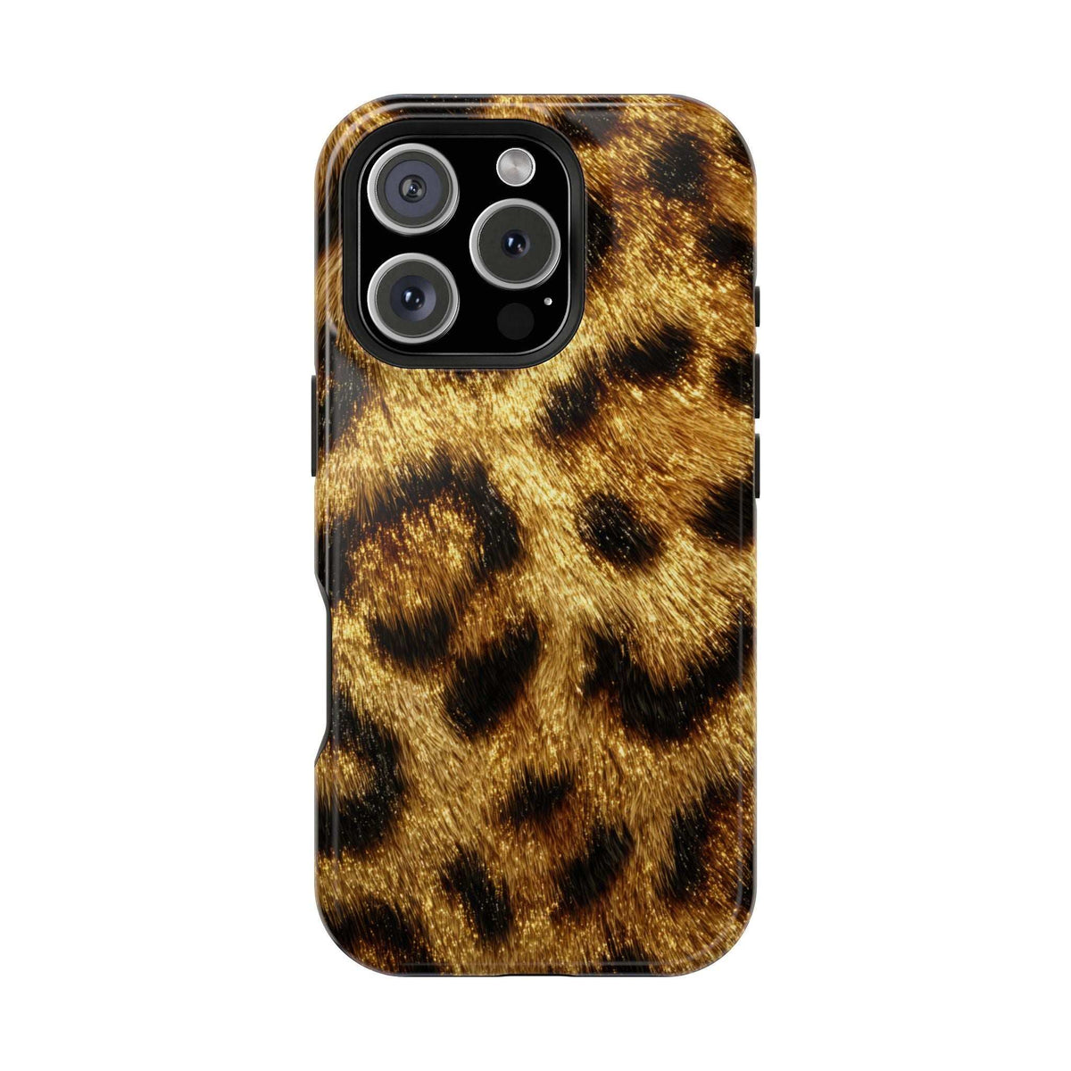 Glossy leopard print phone case showing gold and dark speckled spots, camera cutout.