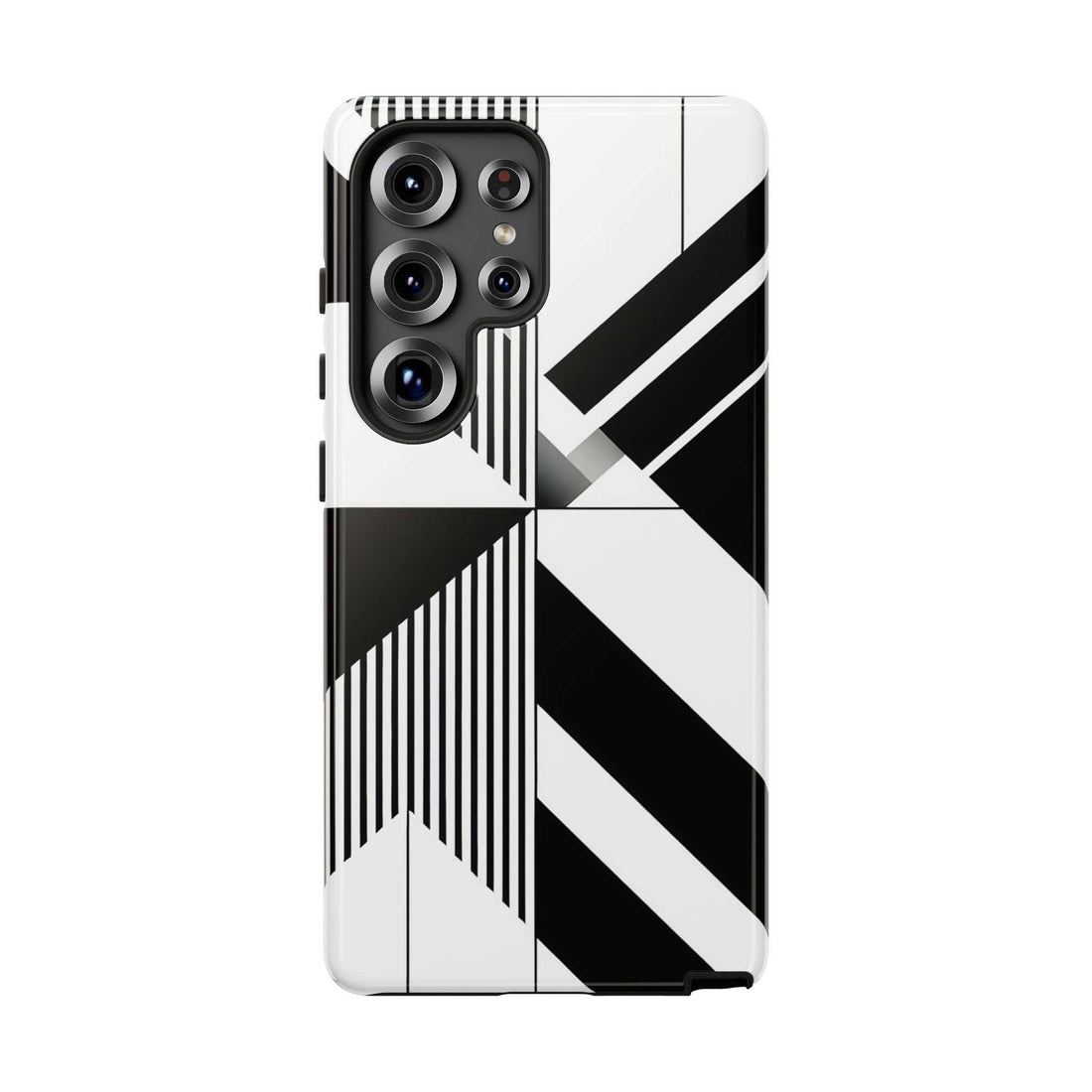 Tough phone case with black-and-white geometric stripes pattern, camera cutouts