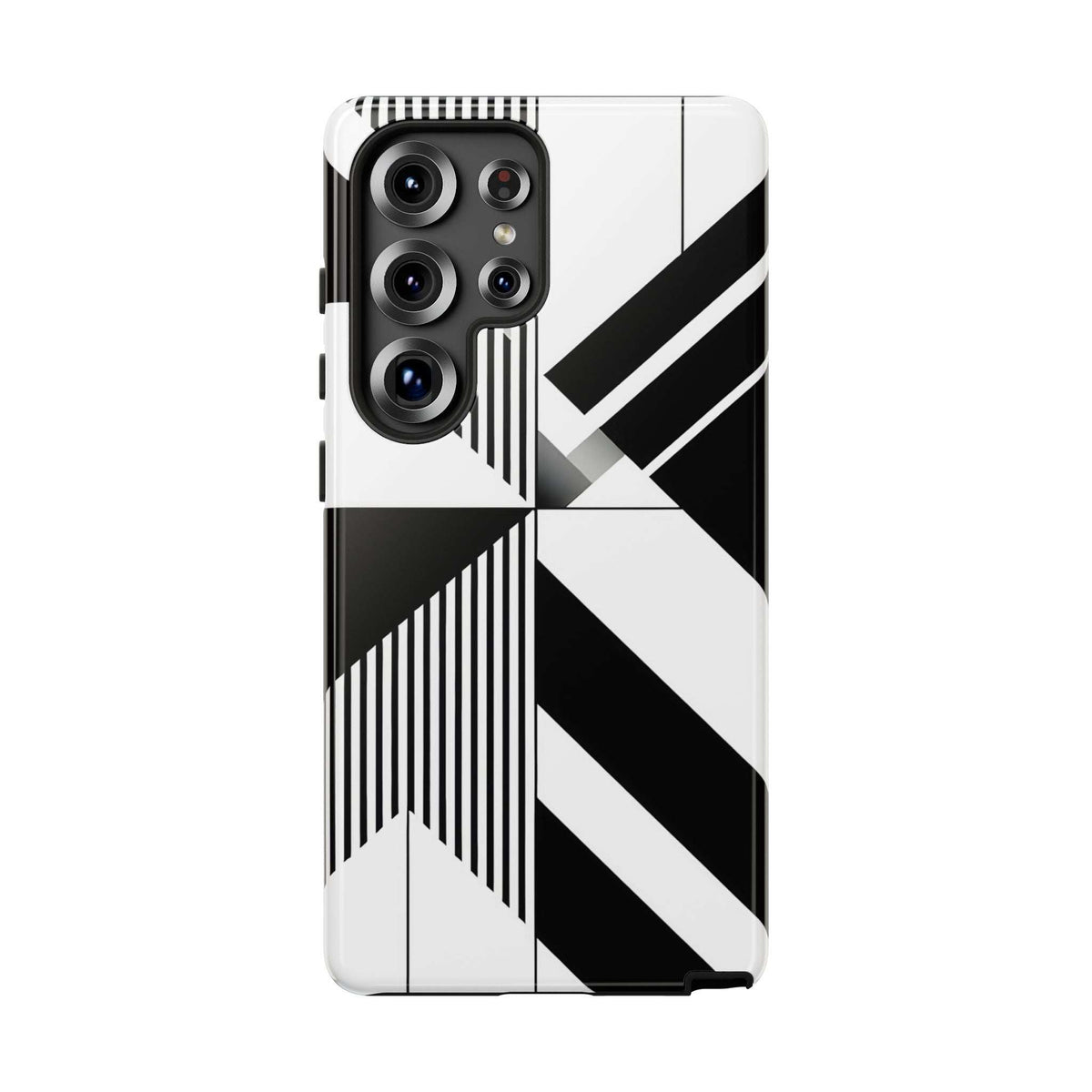 Tough phone case with black-and-white geometric stripes pattern, camera cutouts