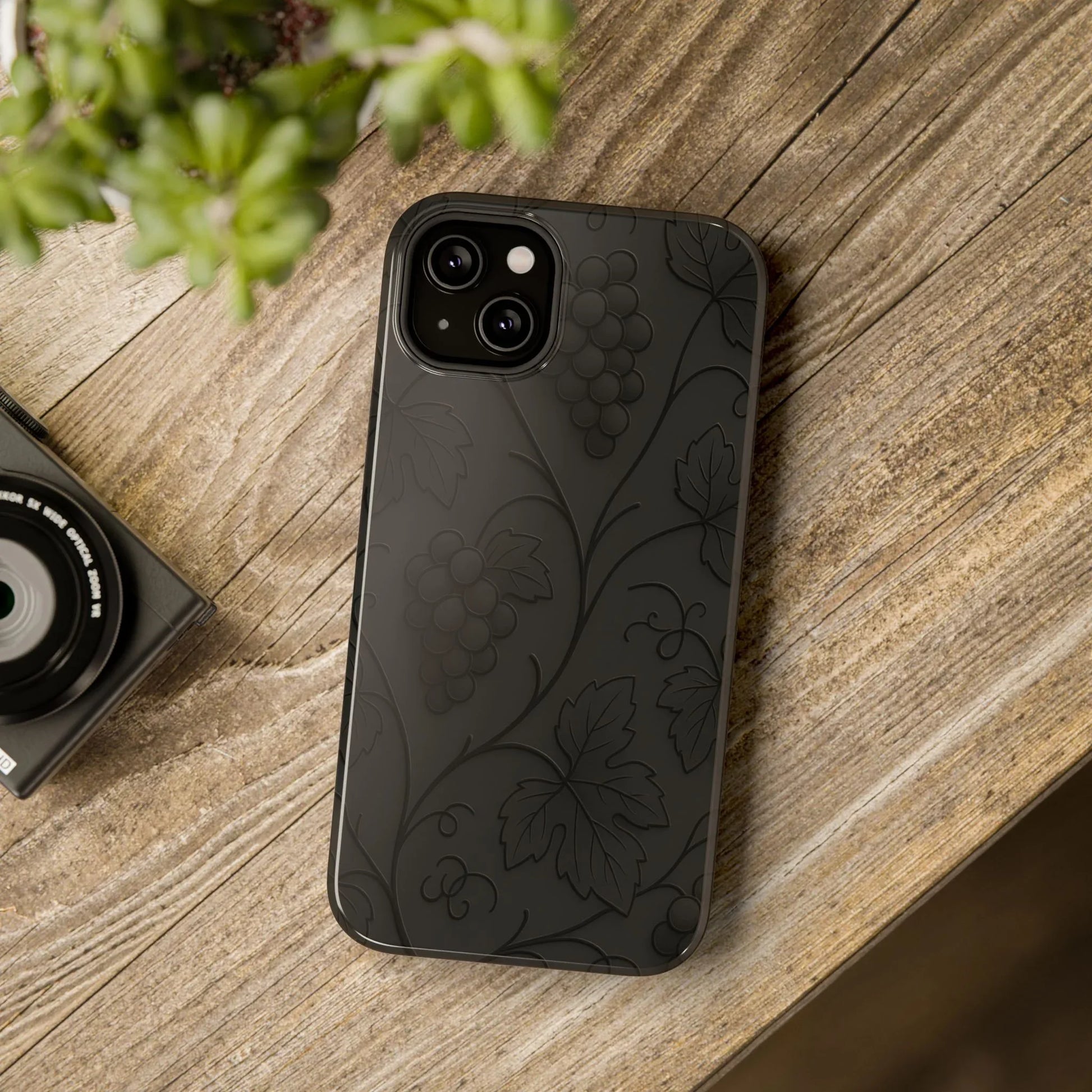 Elegant Embossed Grape Leaf Black Phone Case for iPhone and Galaxy - KARARMDESIGN