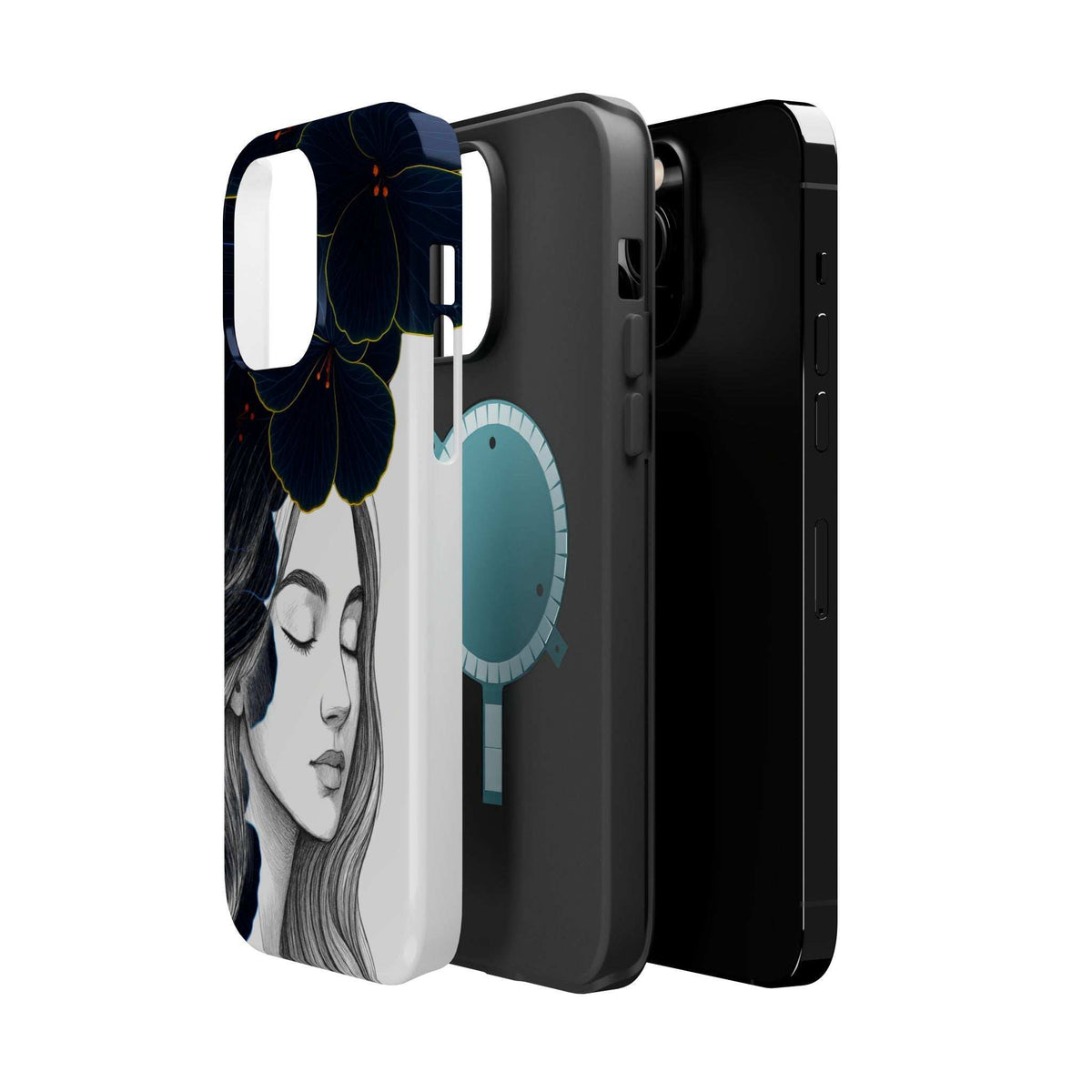 Dark floral phone case set showing side profile and back; woman portrait with navy flowers