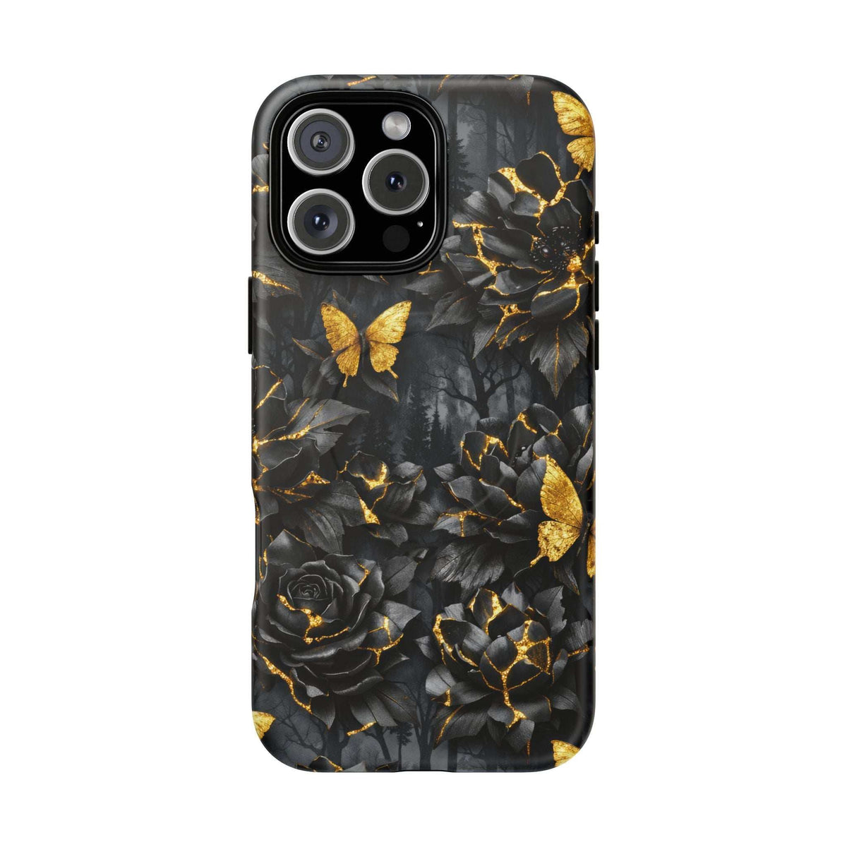 iPhone phone case with black roses, butterflies, and gold kintsugi crack pattern