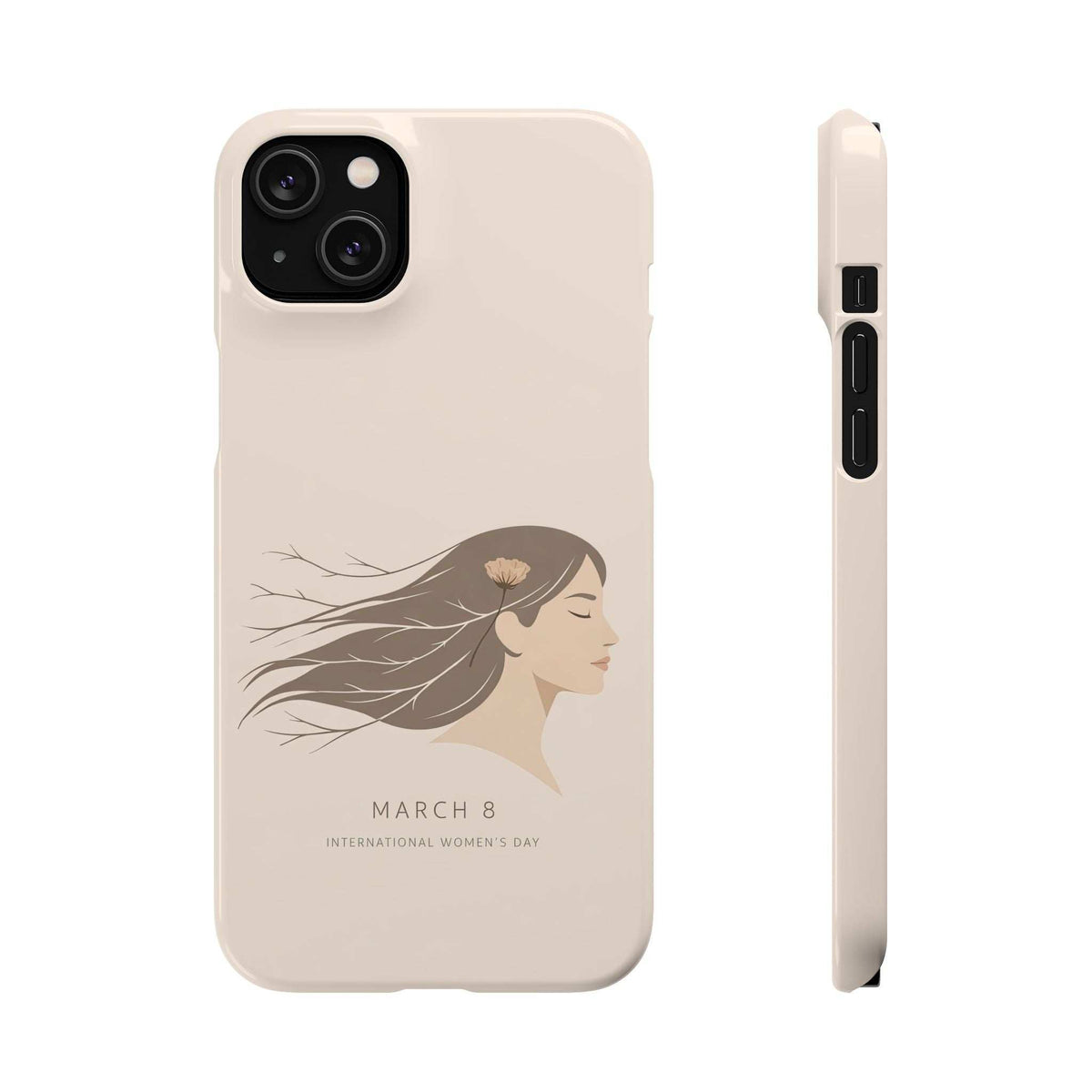 Light pink phone case with side view, “March 8” profile illustration and flower