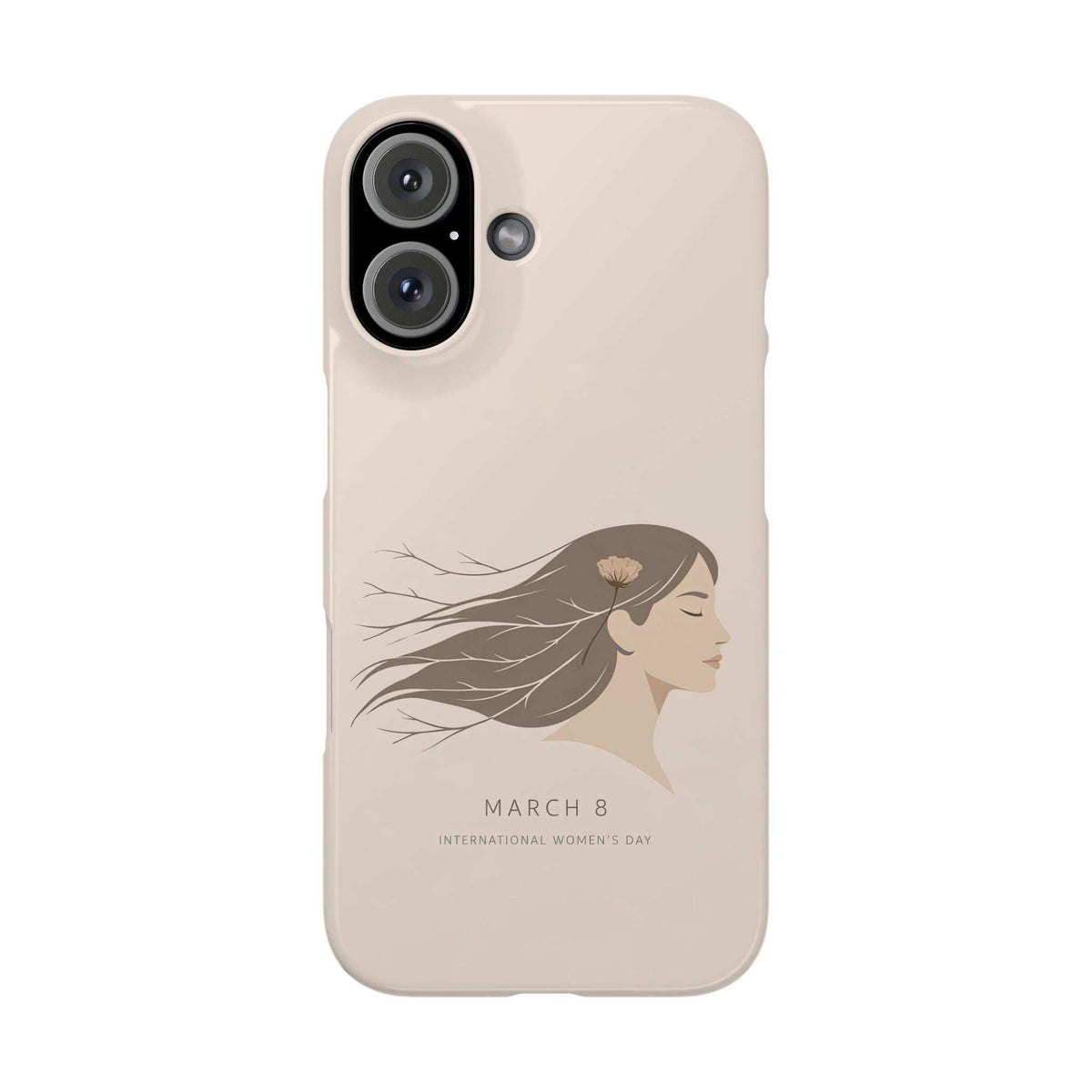 Light pink phone case with “March 8” profile illustration and flower, camera cutouts