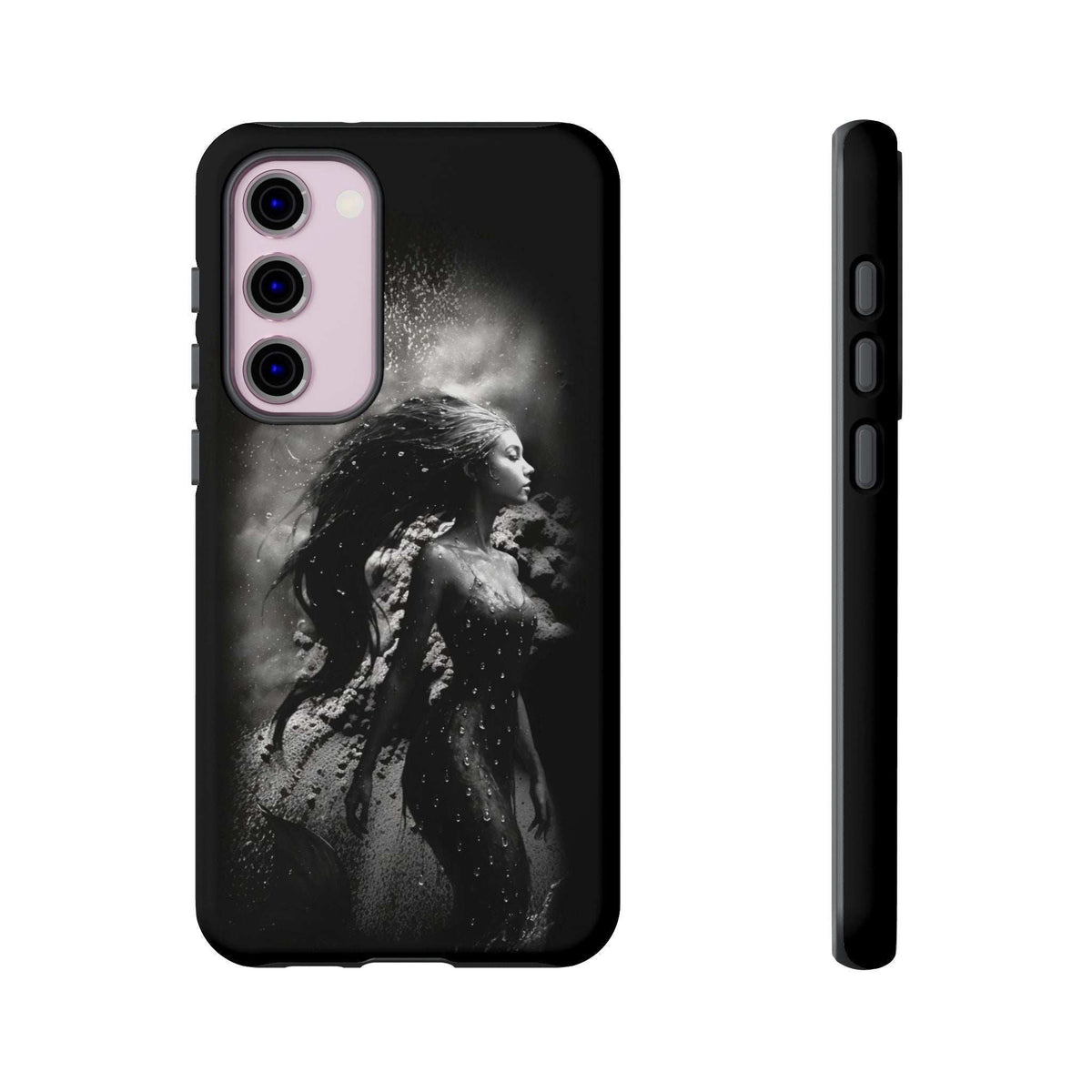 Black phone case with monochrome mermaid silhouette, pink-tinted lens accents on camera panel