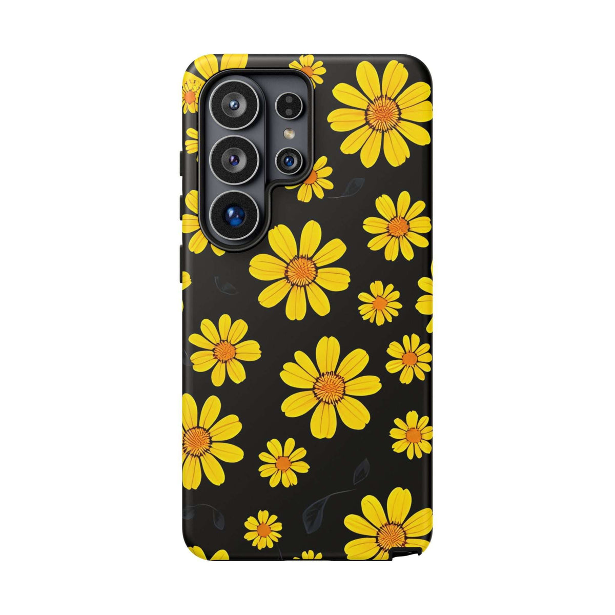 Black floral phone case with yellow daisies and protective camera bump