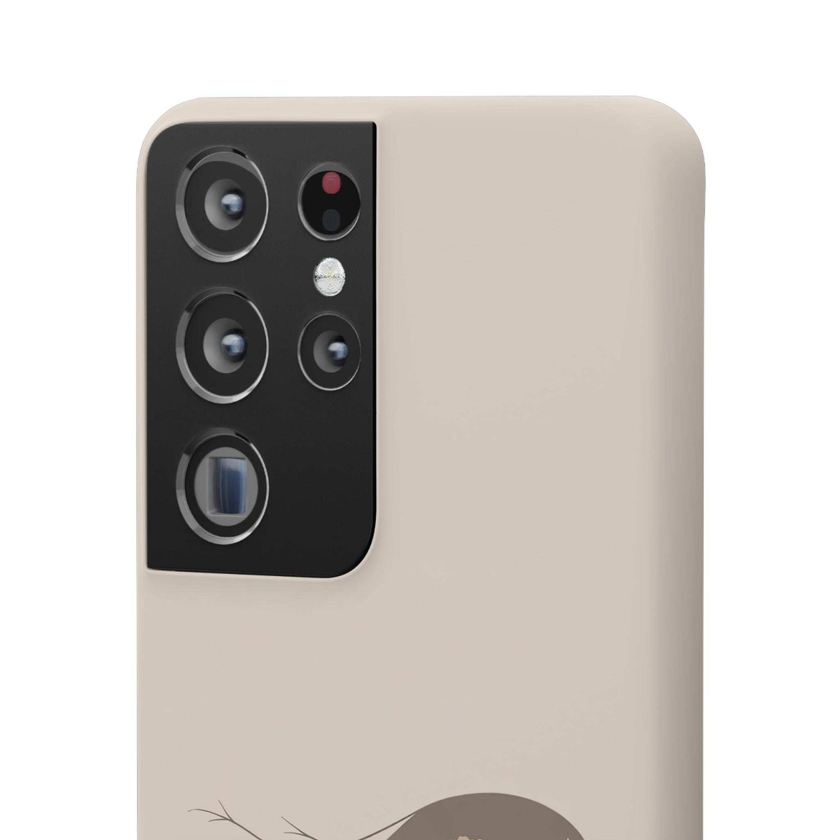 Beige phone case with black camera panel and flower-and-vine graphic on back