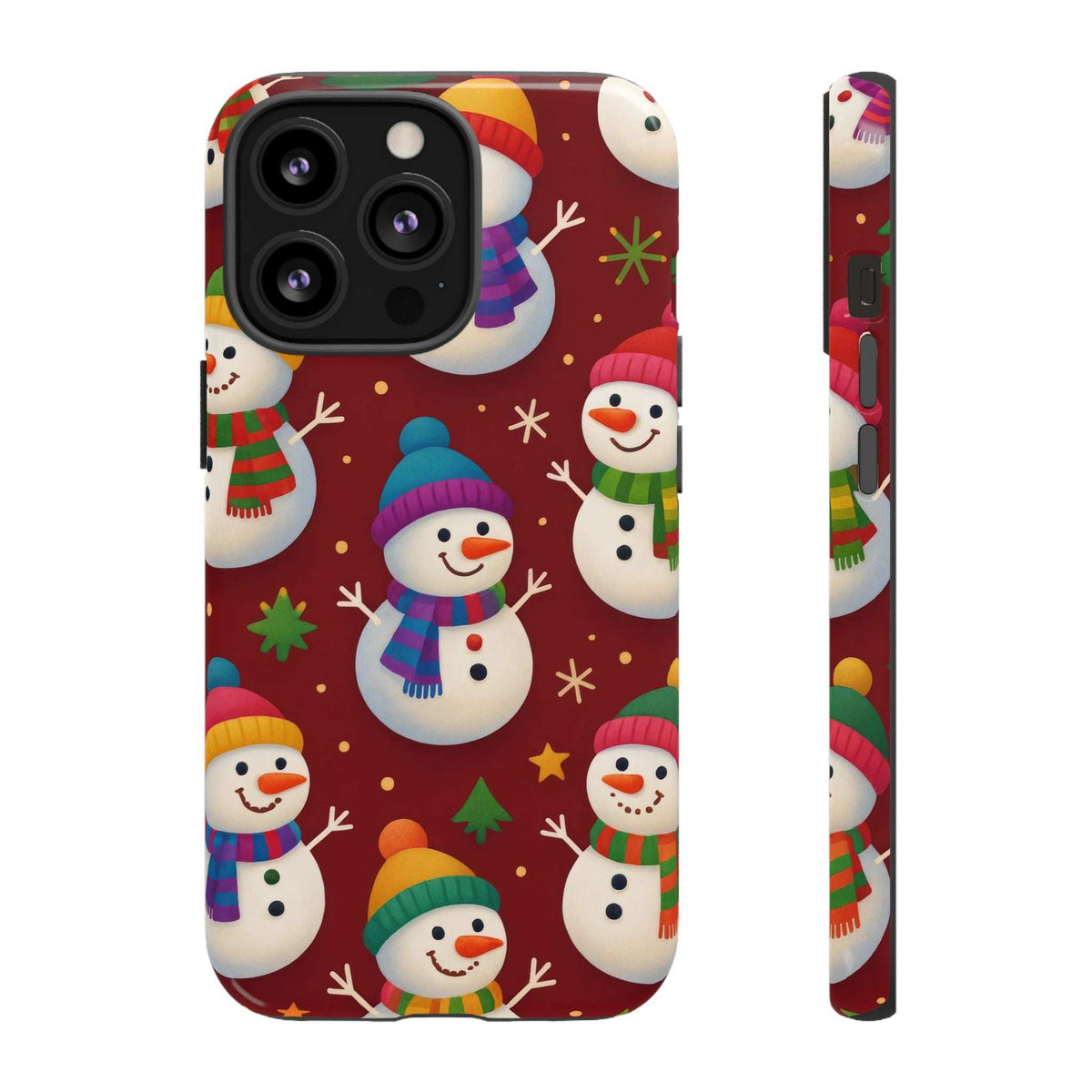 Glossy phone case back featuring smiling snowmen with colorful hats and holiday outfits