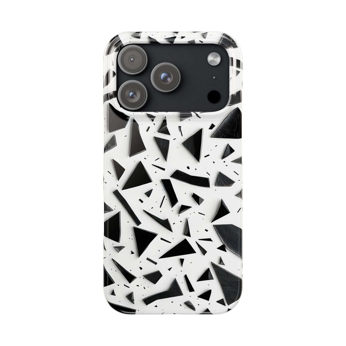 Slim iPhone phone case close-up on top, white-and-black abstract geometric pattern, camera openings.