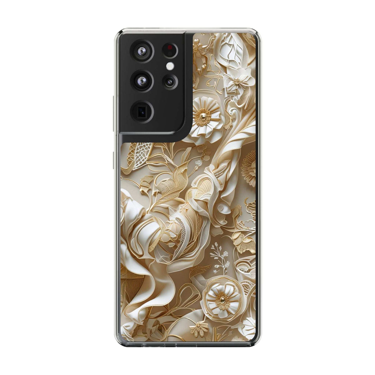 Clear phone case with gold and cream floral design, back view over dark phone