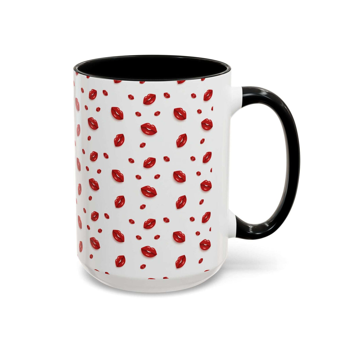 Accent coffee mug with hot lips pattern, black handle and rim, close side view