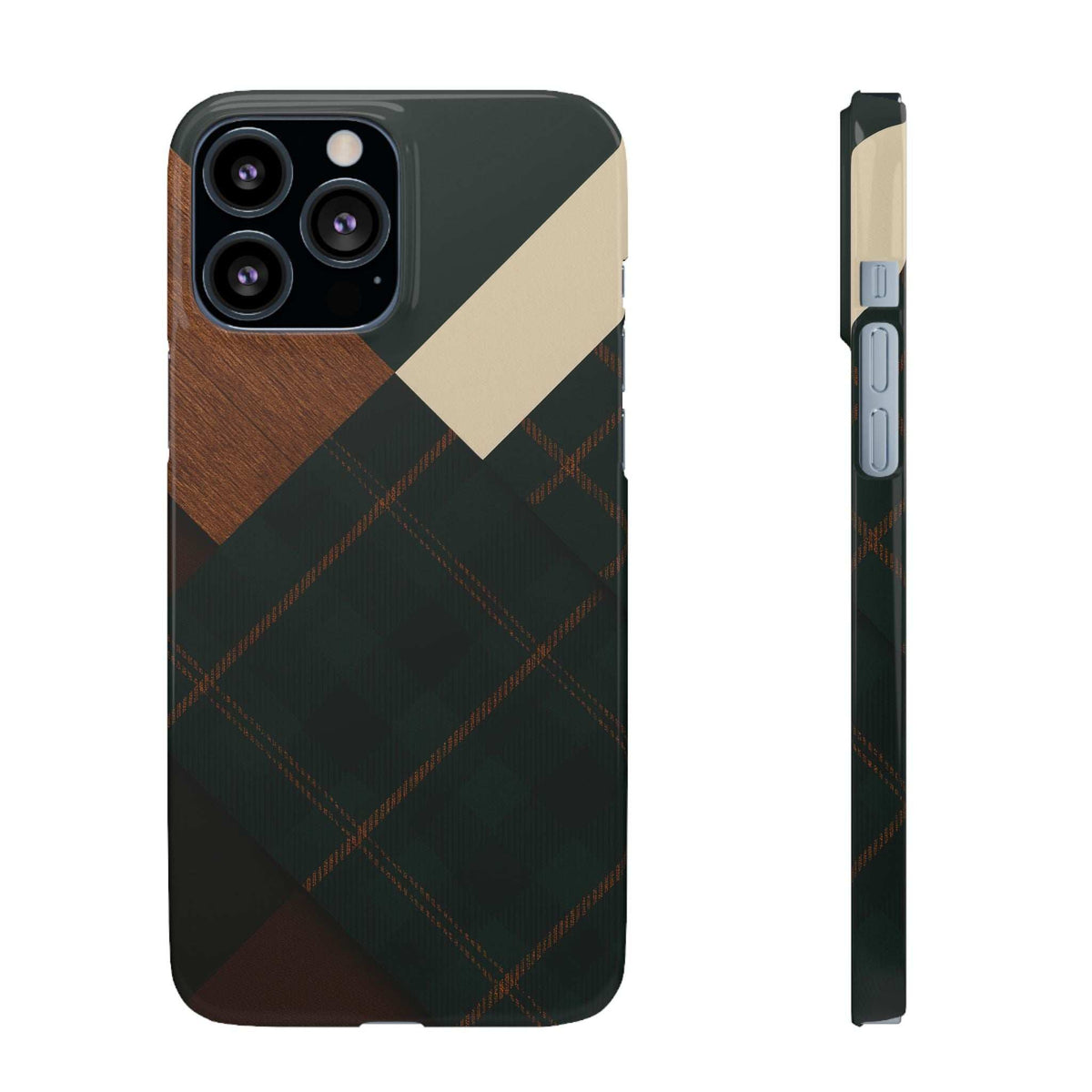 Dark green phone case with tan patch and plaid pattern; camera cutouts and edge shown.