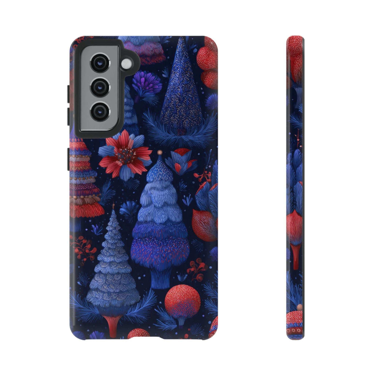 Glossy midnight blue forest phone case with red flower; visible camera cutouts and side profile.