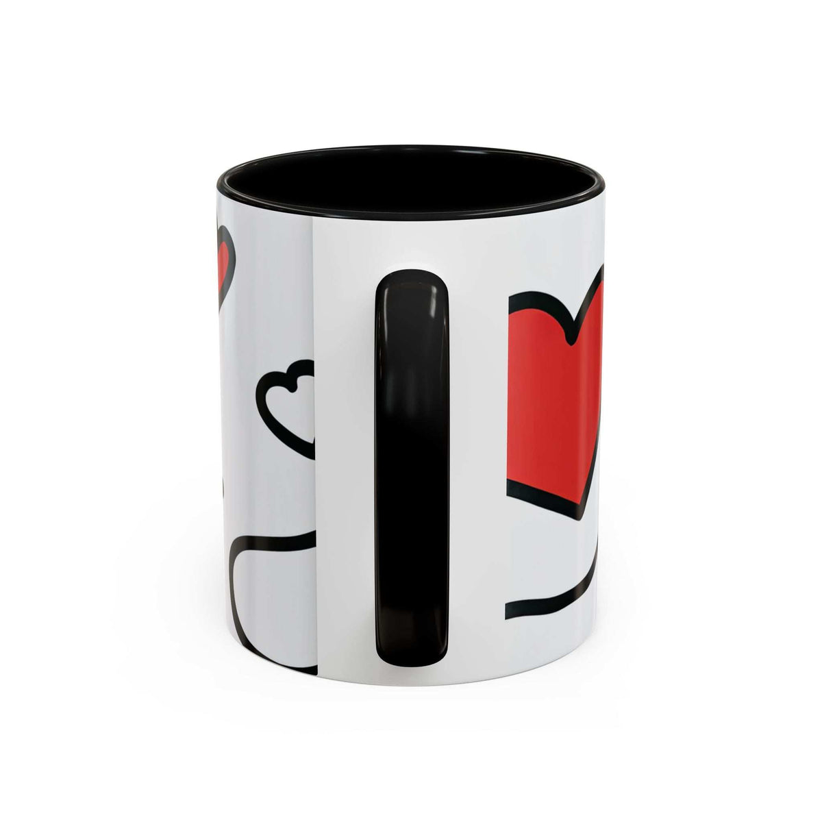 White accent coffee mug with black rim and hearts graphic, bold black vertical bar