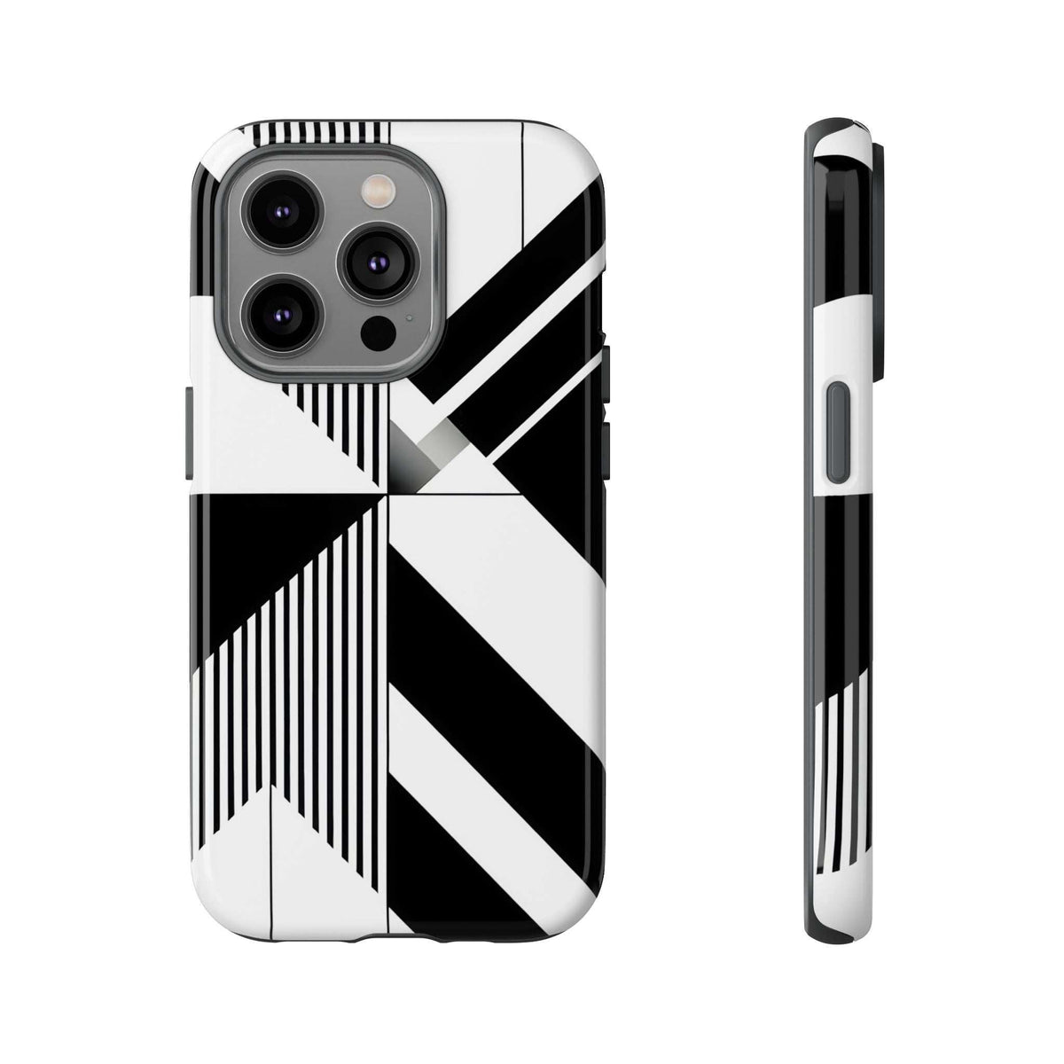 Monochrome tough phone case with black-and-white geometric stripes, camera cutout detail