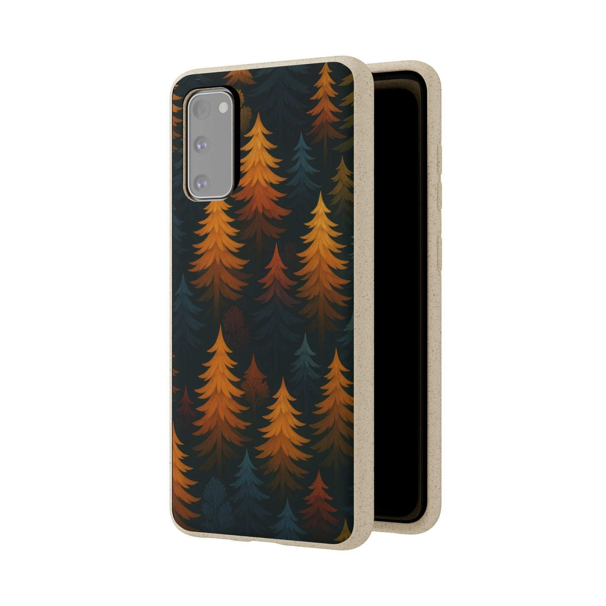 Eco forest phone case with orange pine trees print, light speckled border