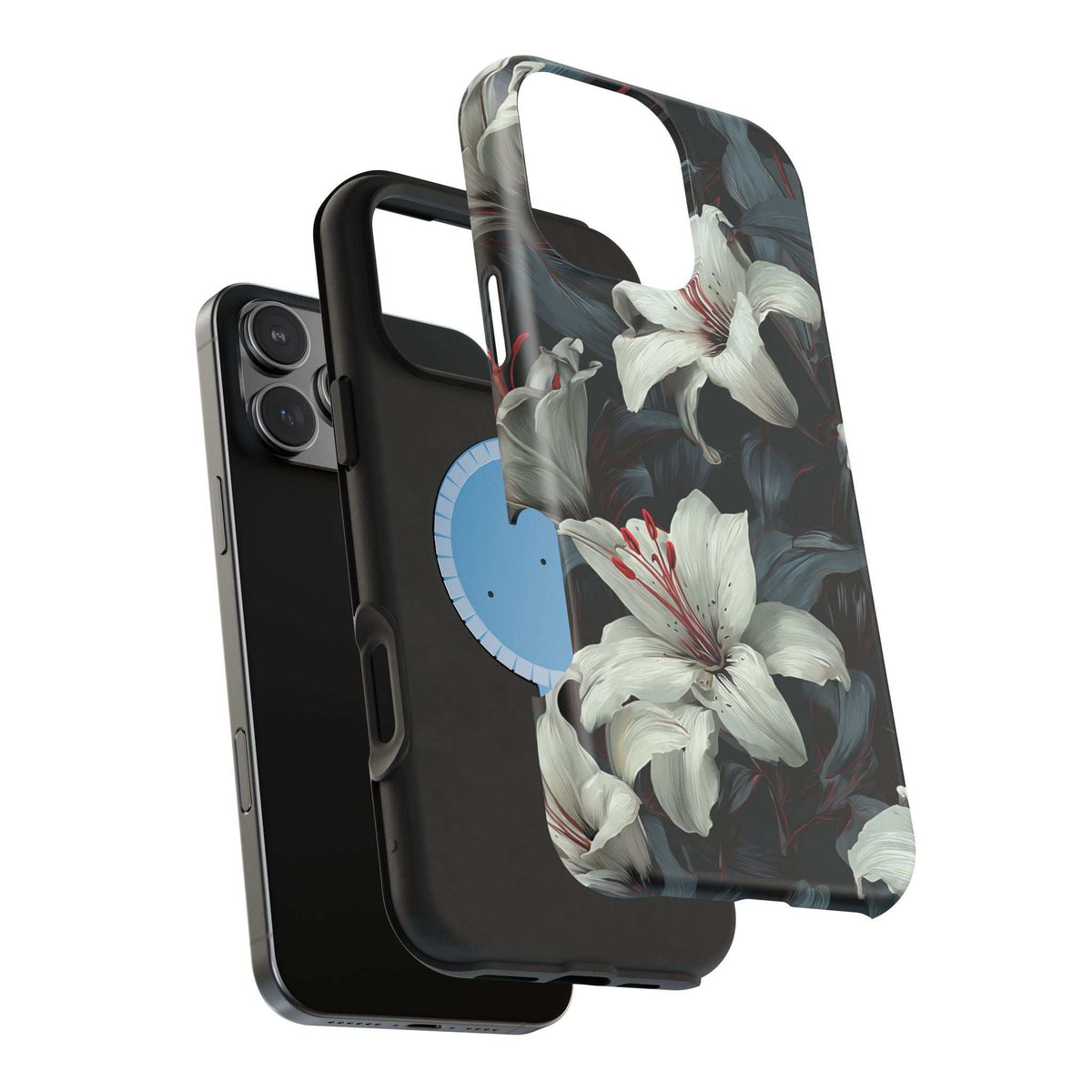 Phone case with white lily floral print, dark backing, side buttons and camera cutouts