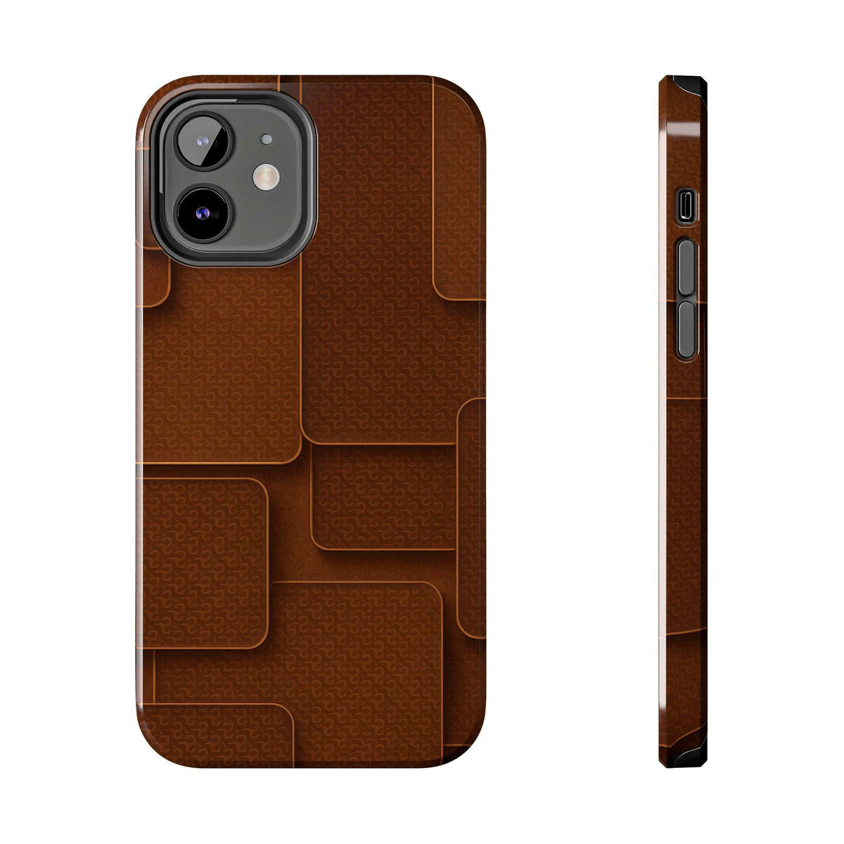 Brown textured phone case with camera module cutout and side control openings.