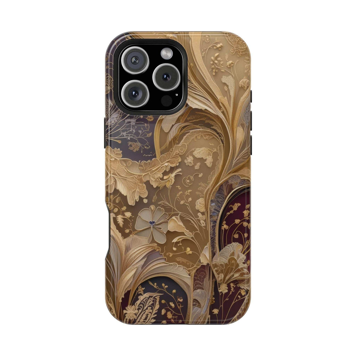 Decorative floral phone case with butterfly, beige and dark gold, textured look around camera