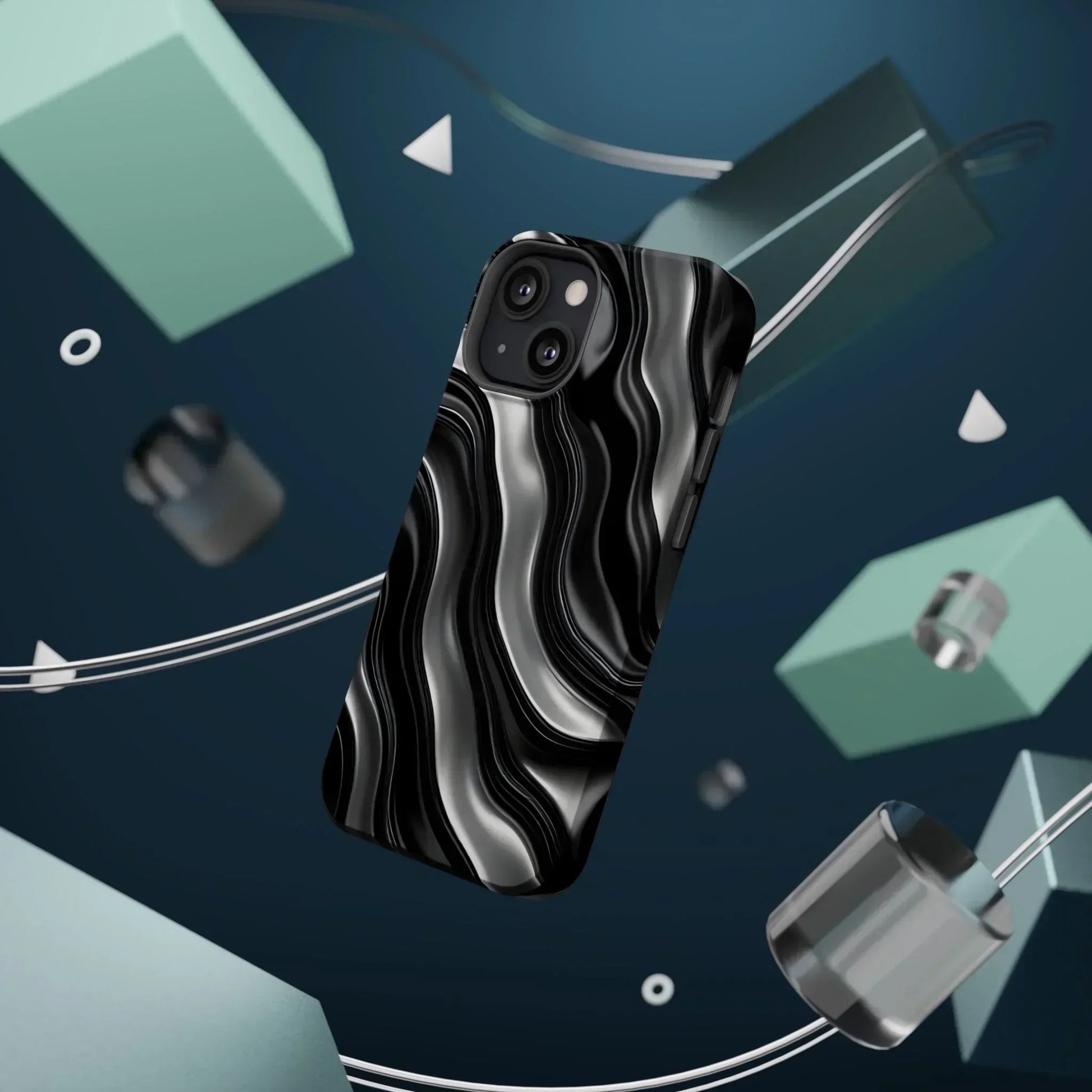 Wavy Illusion Black & Silver MagSafe® Tough Phone Case - KarArmDesign