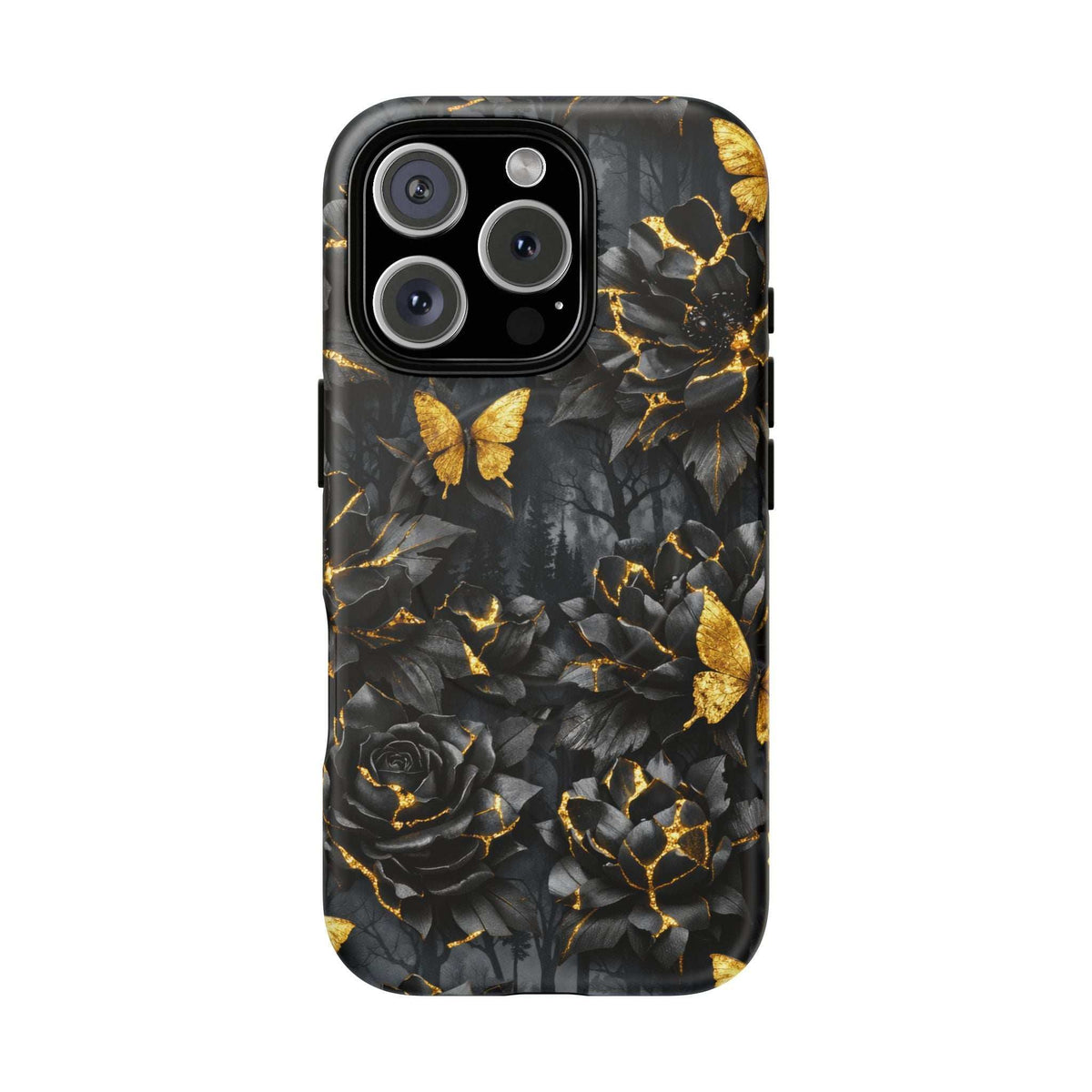 Phone case with dark rose-and-leaf pattern, gold kintsugi cracks, butterfly details