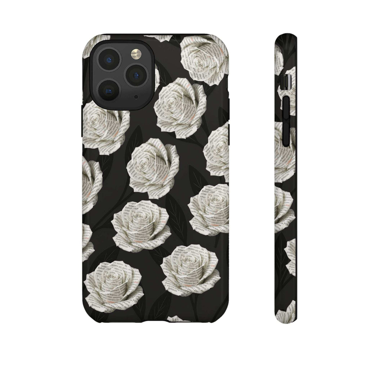 Silent Bloom phone case, black with white roses; back view and side edge with cutouts