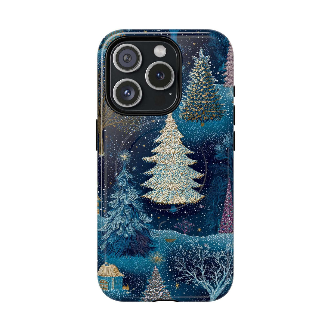 Glossy blue phone case with gold pine tree graphic and camera cutout, side button opening.