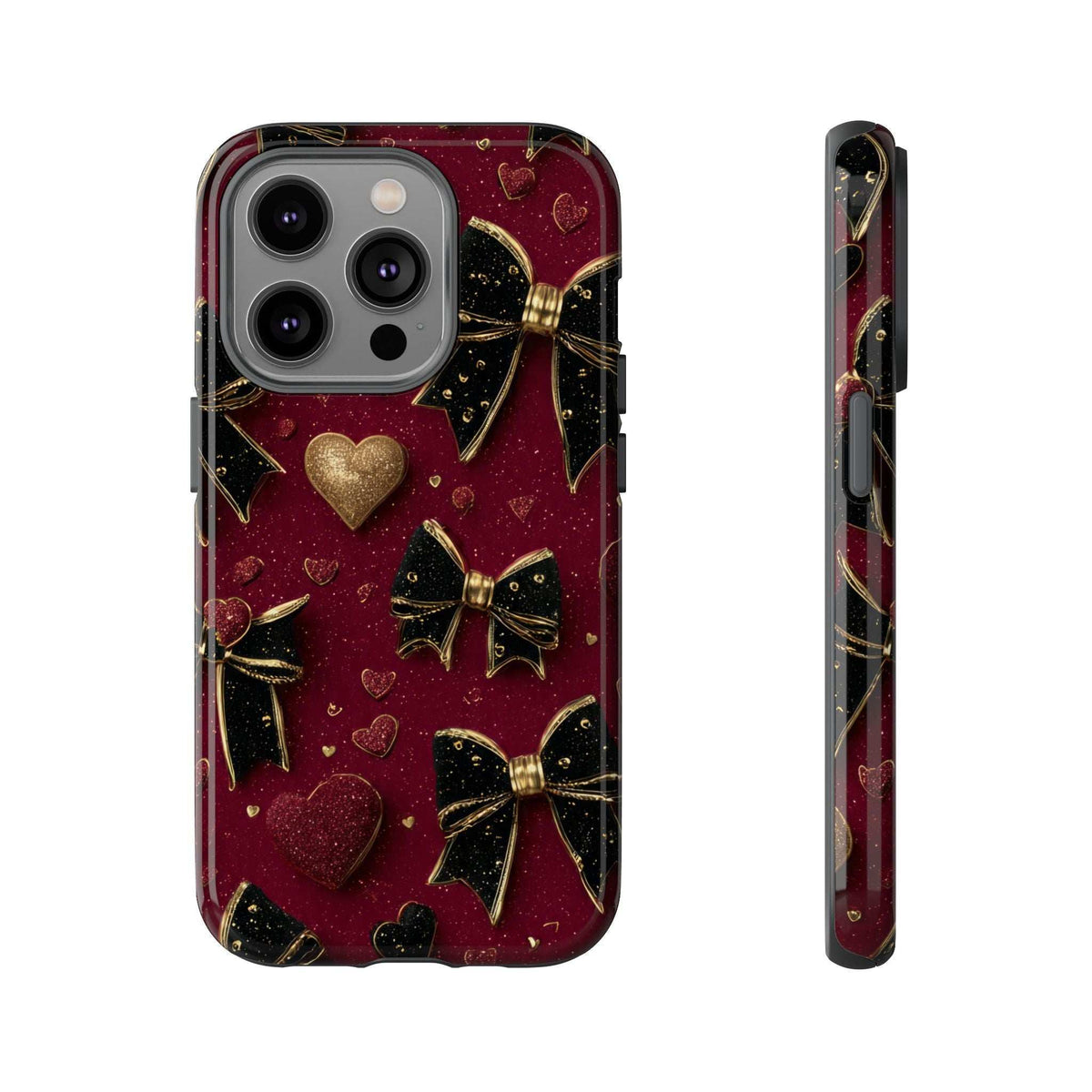 Maroon glossy phone case with gold heart and bow motifs; side buttons and camera area shown