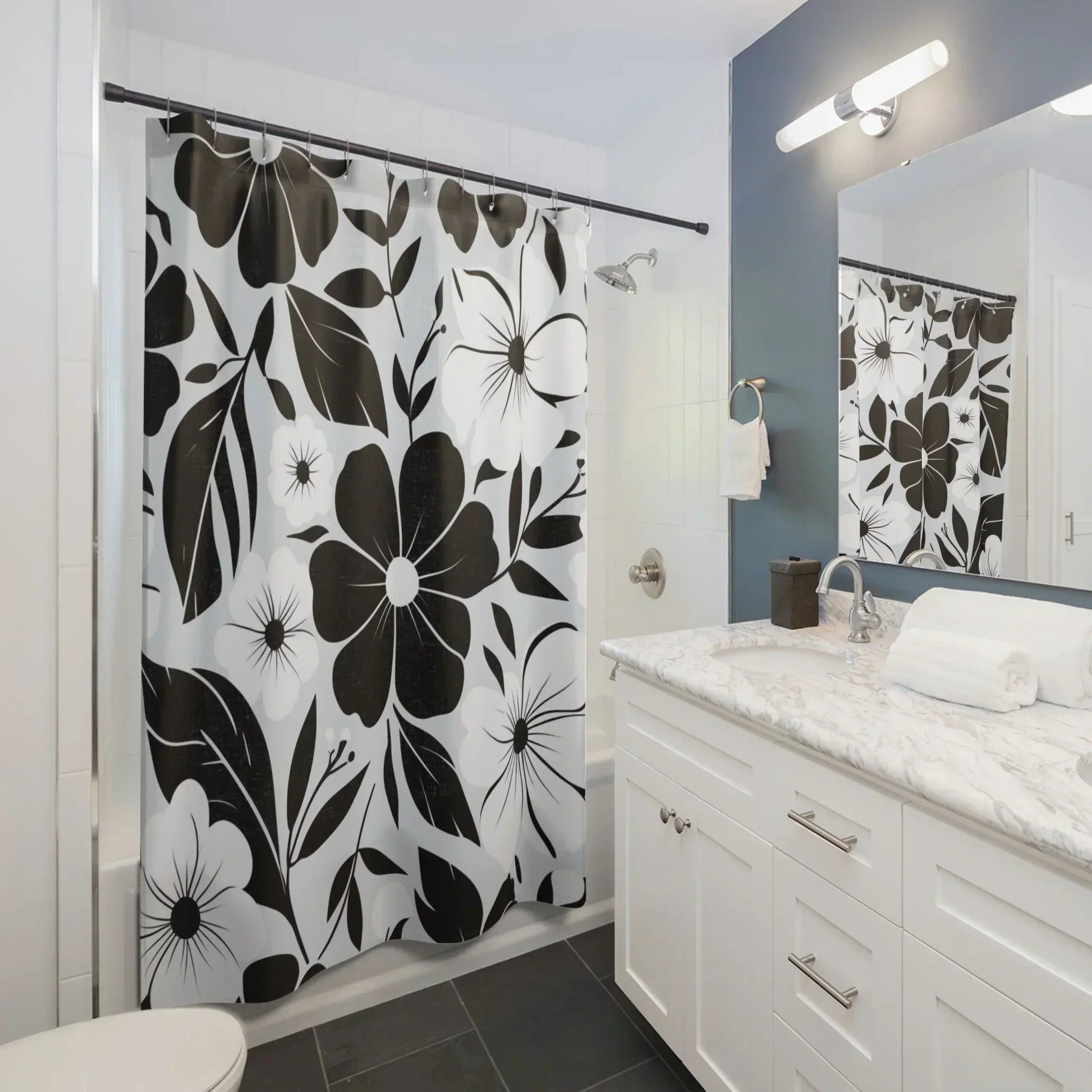 Elegant Black and White Floral Shower Curtain - KarArmDesign