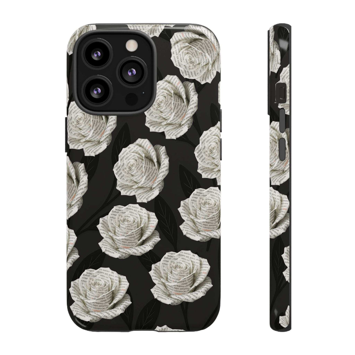 Black phone case with white roses, front view highlighting camera lenses and flash area