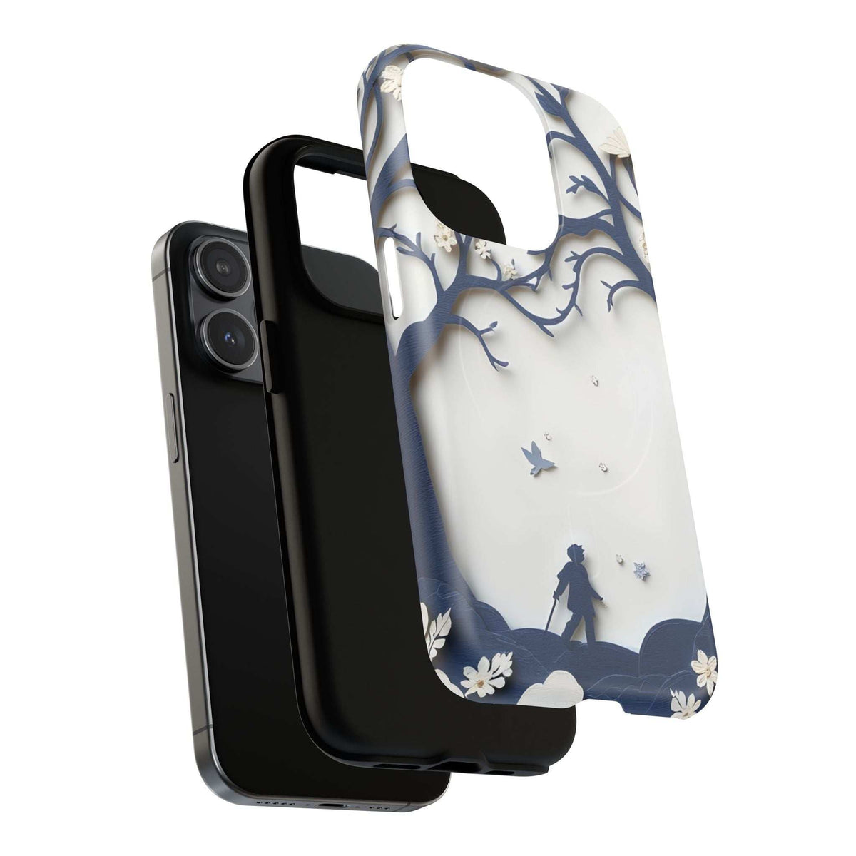 iPhone phone case with blue tree branch outline and tiny birds, white background