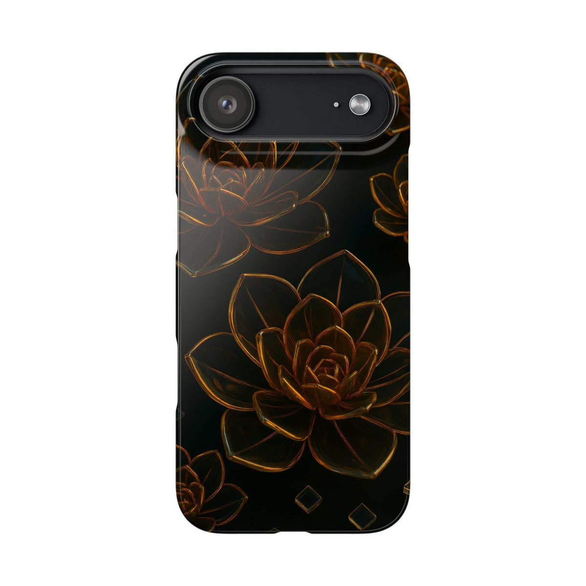 Glossy glass phone case with black base and gold floral pattern; horizontal camera cutout