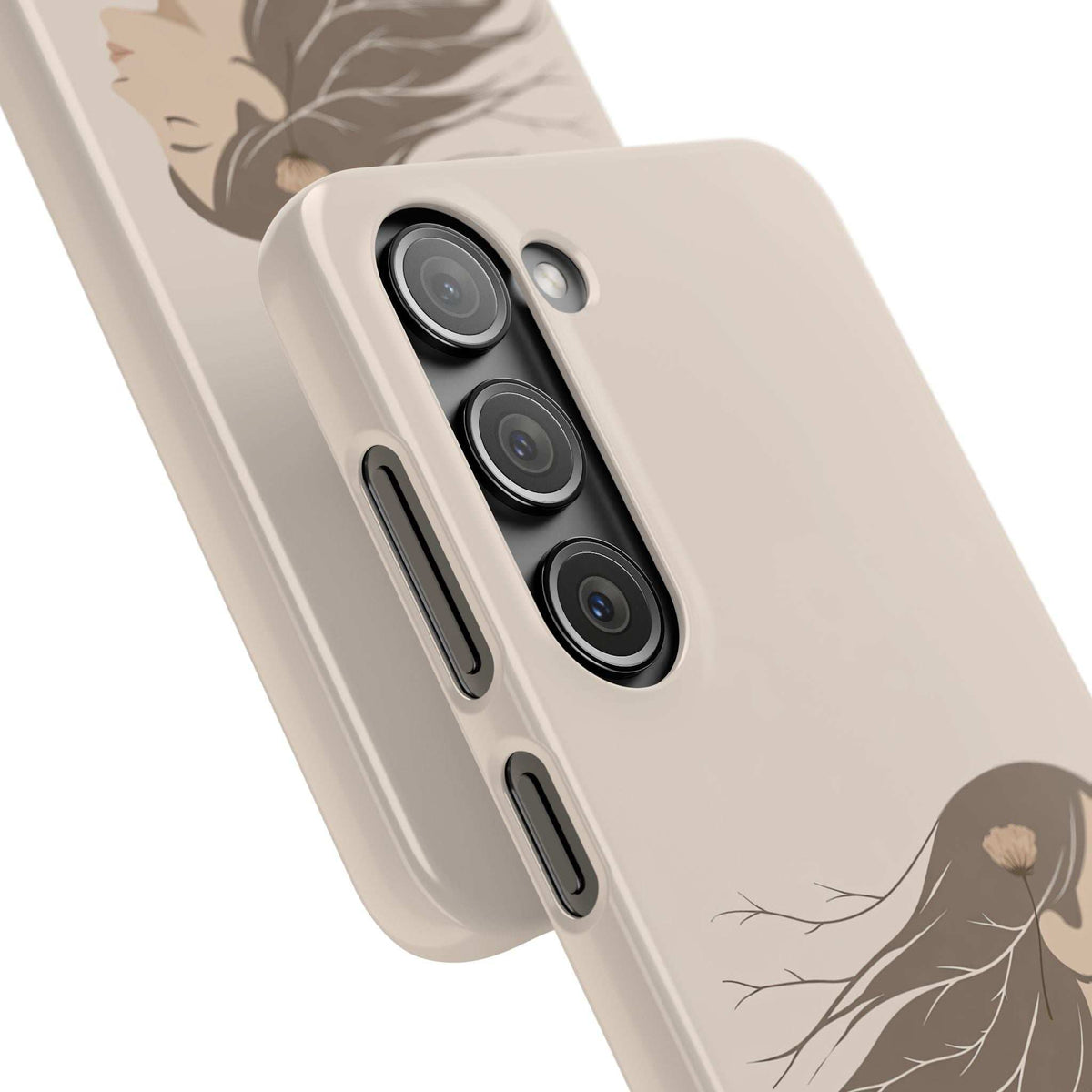 Cream phone case with back hand-drawn woman, flower, and raised camera cutouts