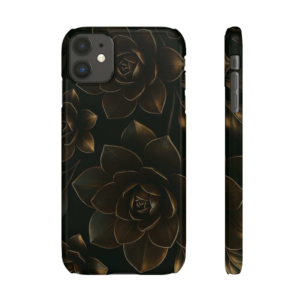 Glossy black phone case with gold rose metal-flower design and prominent camera module cutouts.