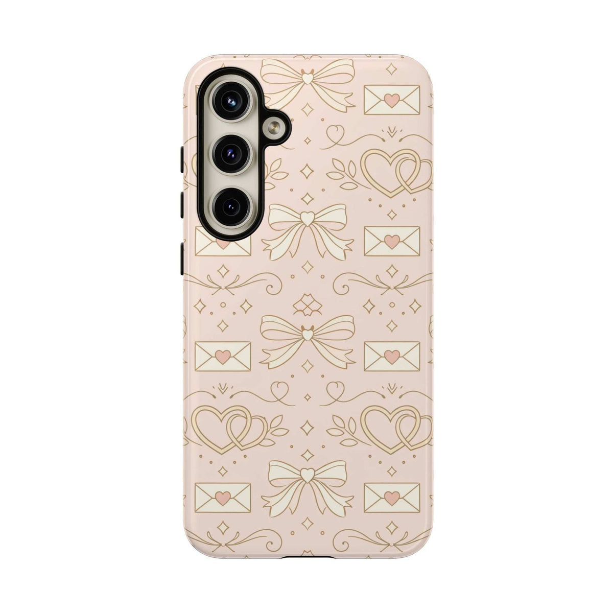 Light pink tough phone case with heart-and-envelope line pattern; visible camera lens openings