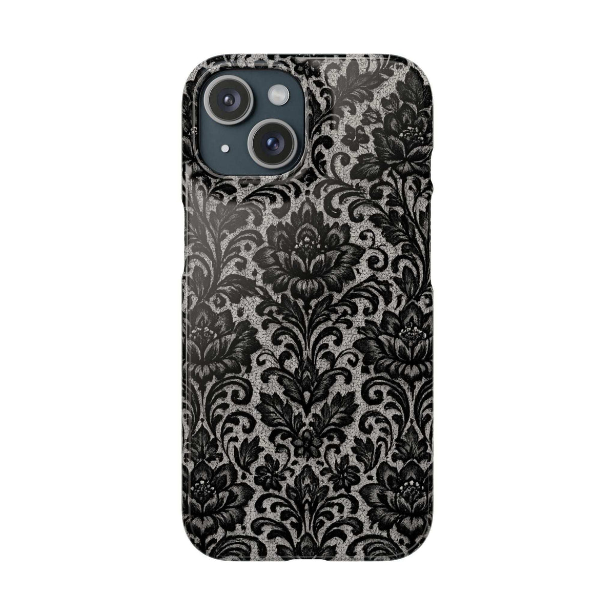 Black and gray damask floral phone case with dual camera cutouts