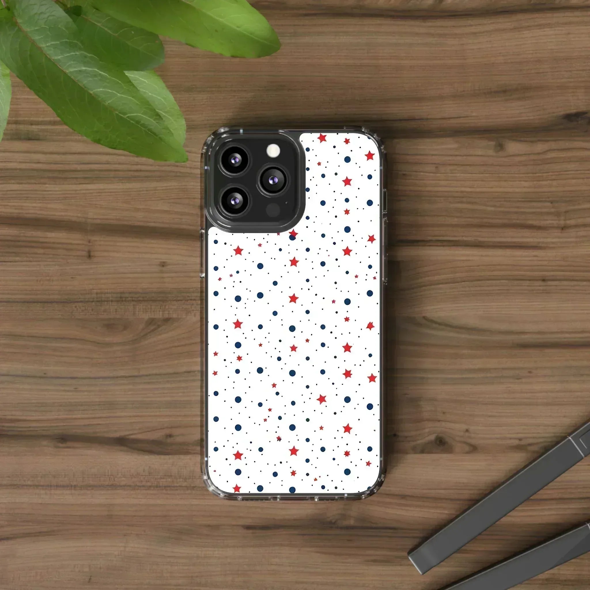 White Phone Case with Red Stars and Blue Polka Dots for iPhone and Galaxy - KARARMDESIGN