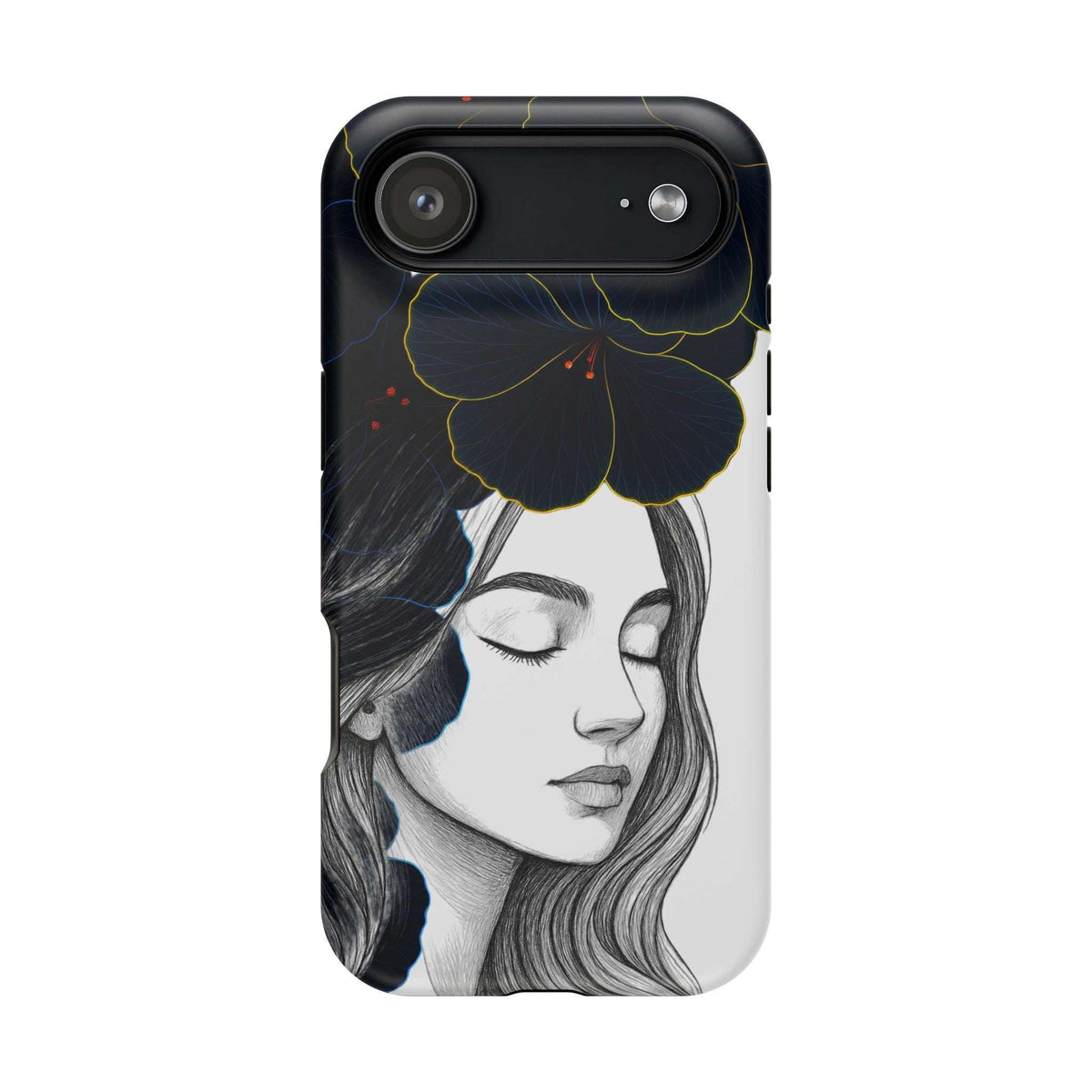 Phone case featuring grayscale woman face with blue blossoms and camera lens circles