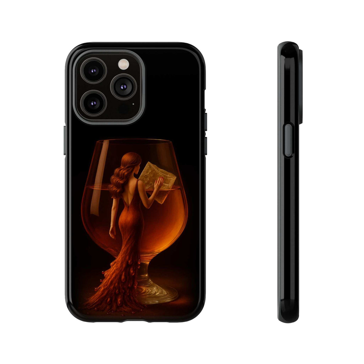 Glossy black phone case with lady holding book artwork; raised camera area and side view.